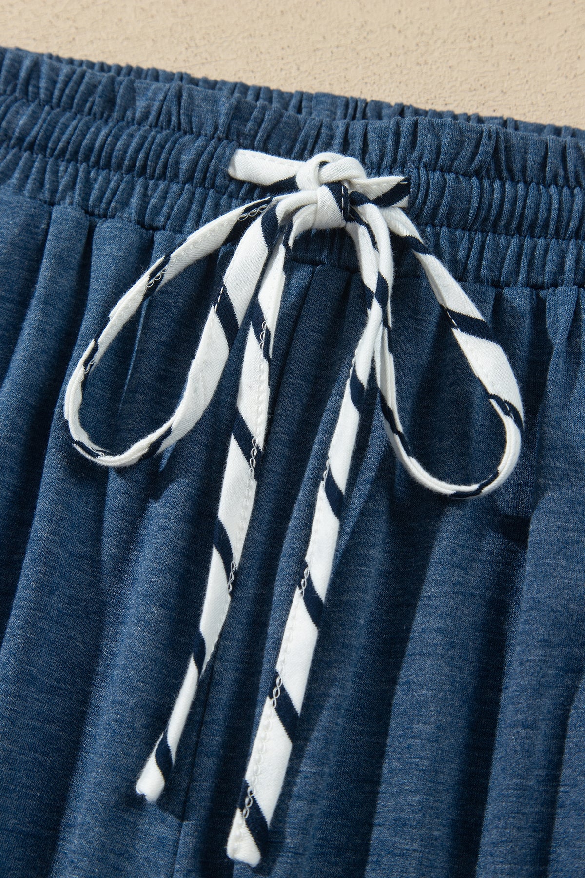 Blue Stripe V Neck Ruffle Contrast Sleeve Top Drawstring Pants 2pcs Set-Two Piece Sets/Pant Sets-[Adult]-[Female]-2022 Online Blue Zone Planet
