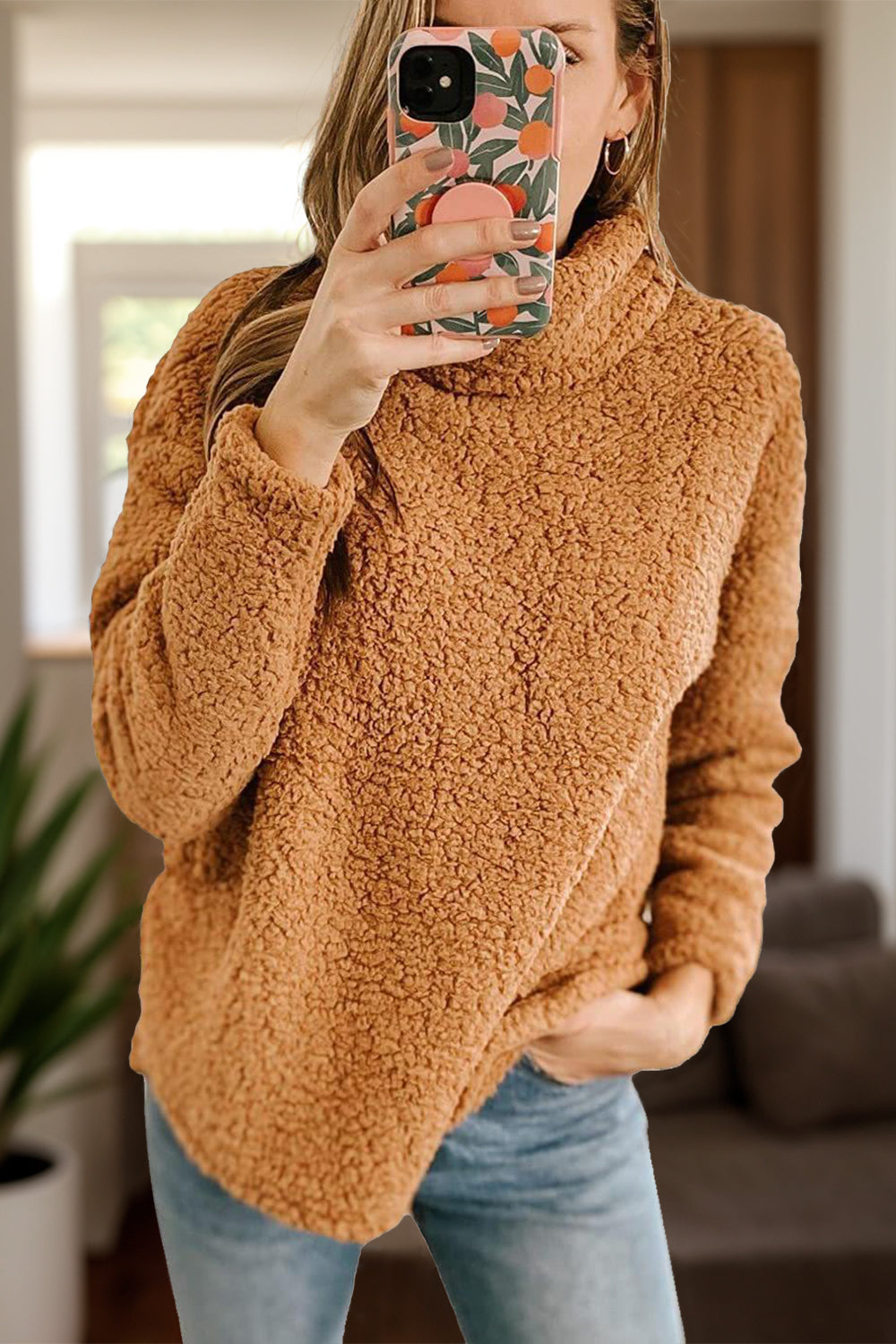 Fuzzy Turtleneck Long Sleeve Sweatshirt-TOPS / DRESSES-[Adult]-[Female]-Caramel-S-2022 Online Blue Zone Planet