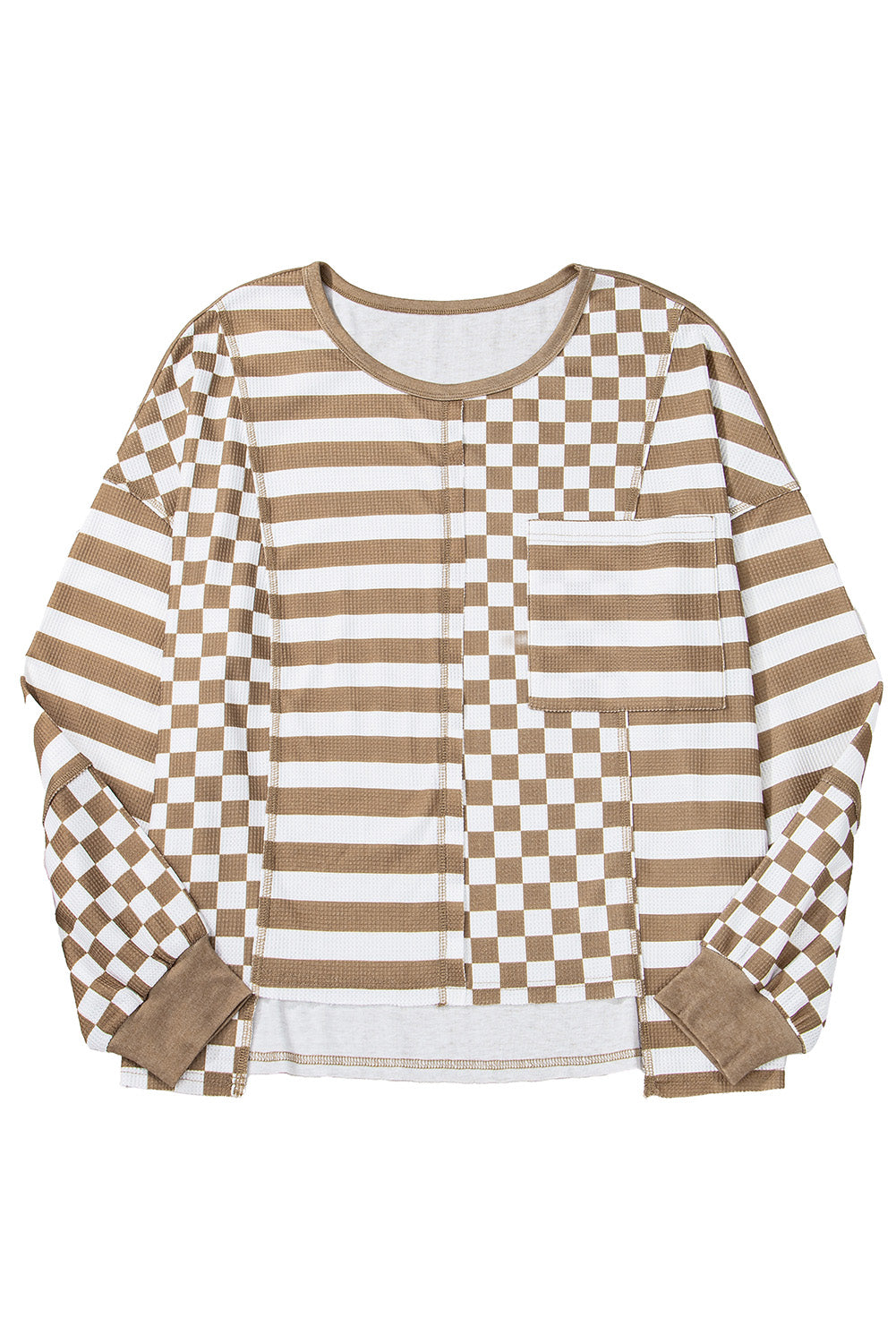 Dark Grey Checkerboard Striped Patchwork Lantern Sleeve Pocketed Blouse-Tops/Long Sleeve Tops-[Adult]-[Female]-2022 Online Blue Zone Planet