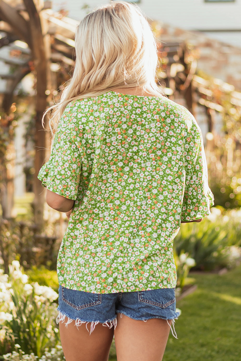 Green Floral Print Ruffle Sleeve V Neck Blouse Top-Tops/Blouses & Shirts-[Adult]-[Female]-2022 Online Blue Zone Planet