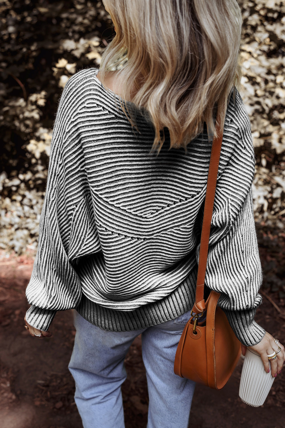 Coffee Striped Print Ribbed Knit Boat Neck Baggy Sweater-Sweaters & Cardigans/Sweaters-[Adult]-[Female]-2022 Online Blue Zone Planet