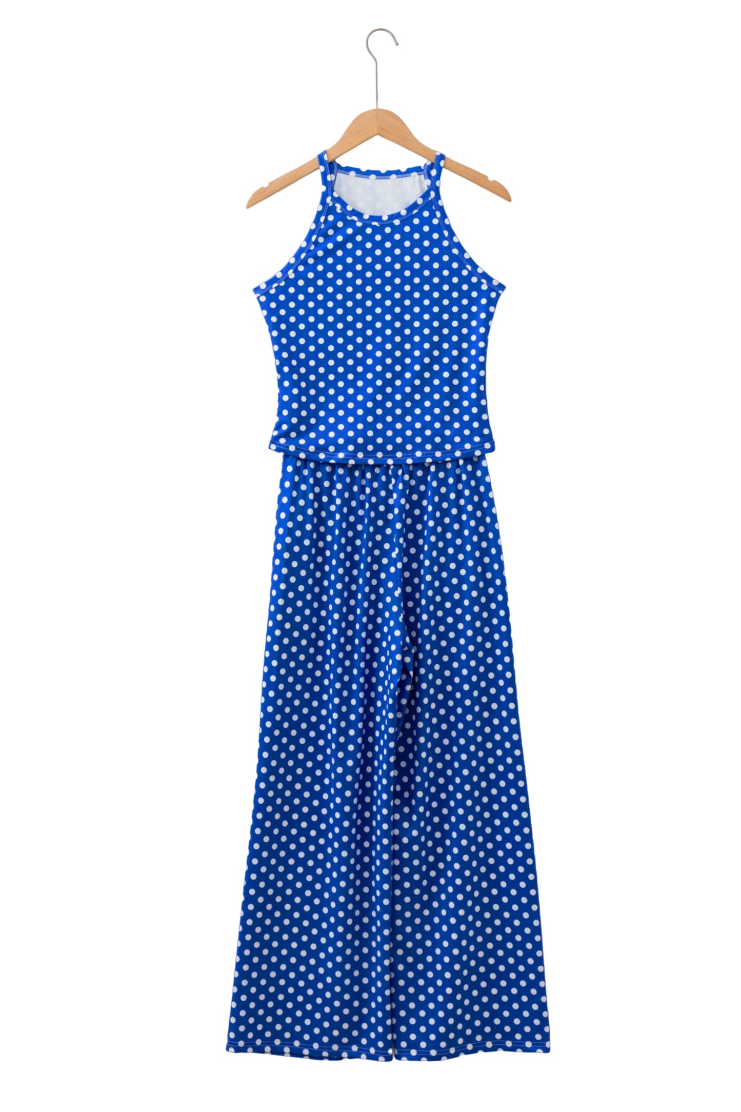 Blue Polka Dot Print Slim Tank Loose Pants 2pcs Outfit-Two Piece Sets/Pant Sets-[Adult]-[Female]-2022 Online Blue Zone Planet