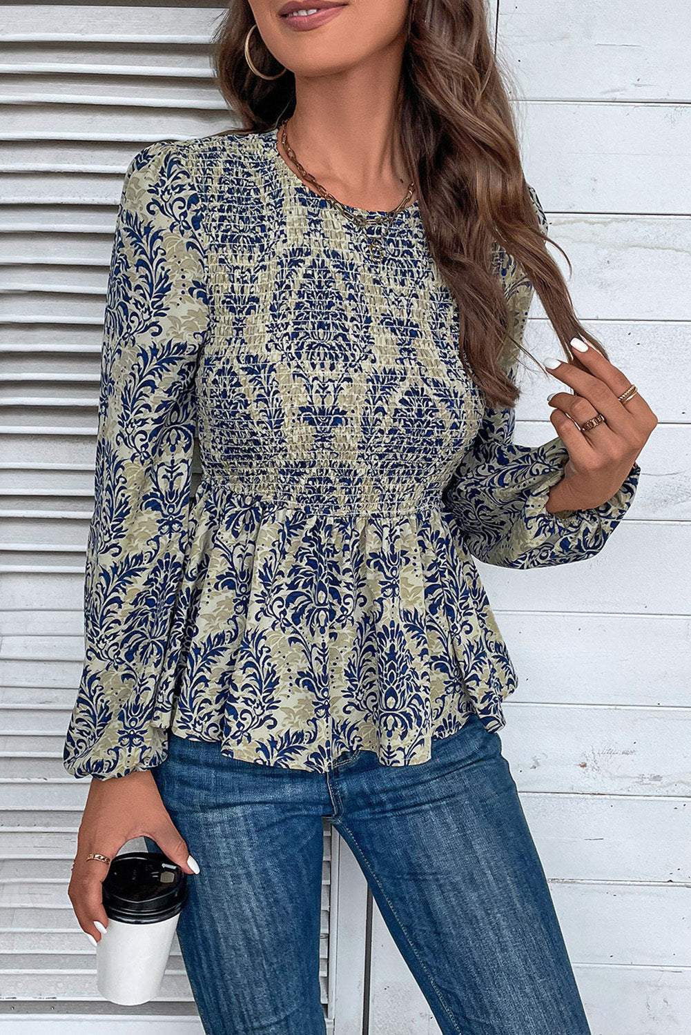 Sky Blue Boho Printed Balloon Sleeve Smocked Peplum Blouse-Tops/Blouses & Shirts-[Adult]-[Female]-Sky Blue-S-2022 Online Blue Zone Planet