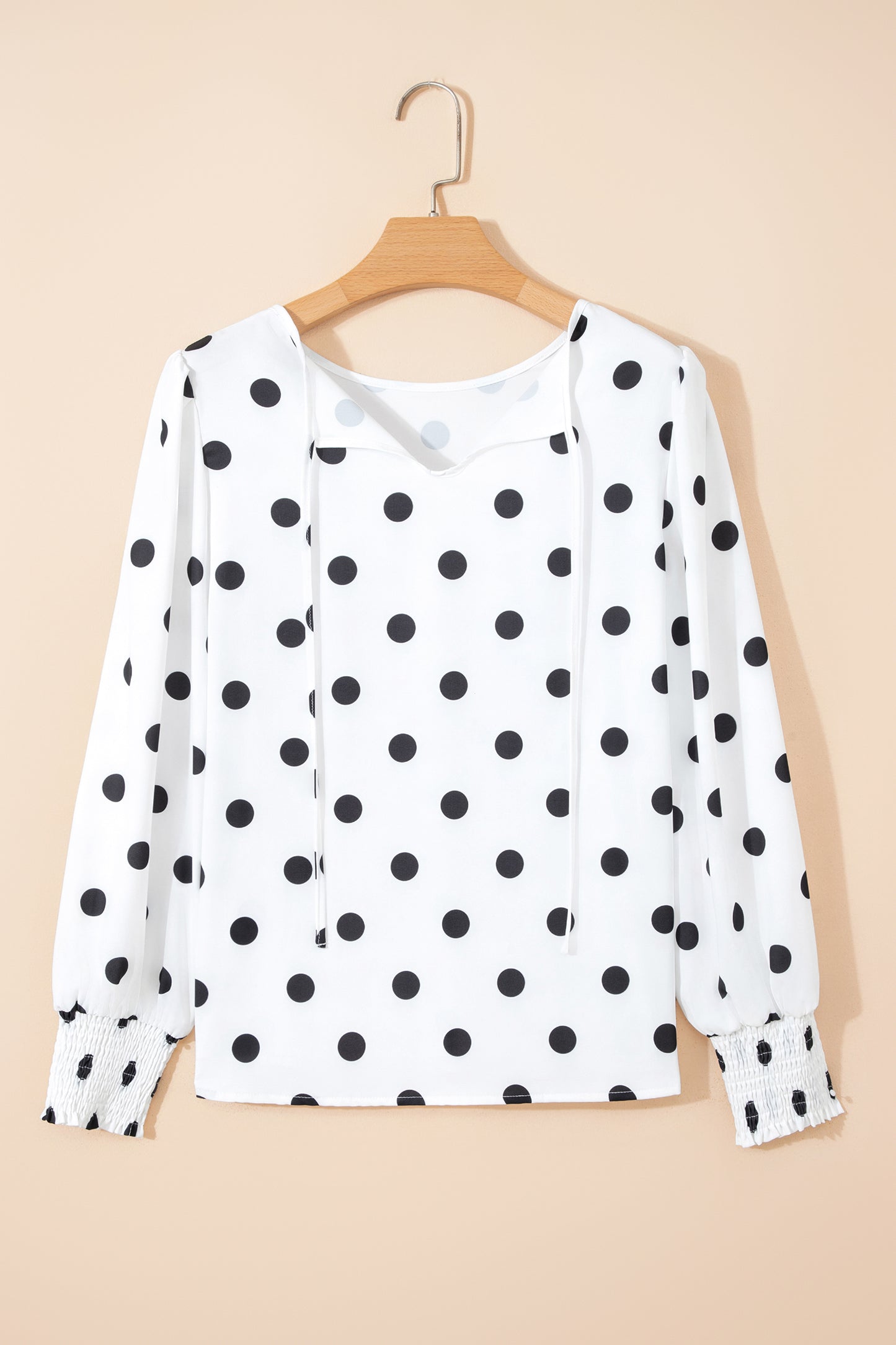 White Polka Dot Print Round Neck Frilled Long Sleeve Blouse-Tops/Blouses & Shirts-[Adult]-[Female]-2022 Online Blue Zone Planet