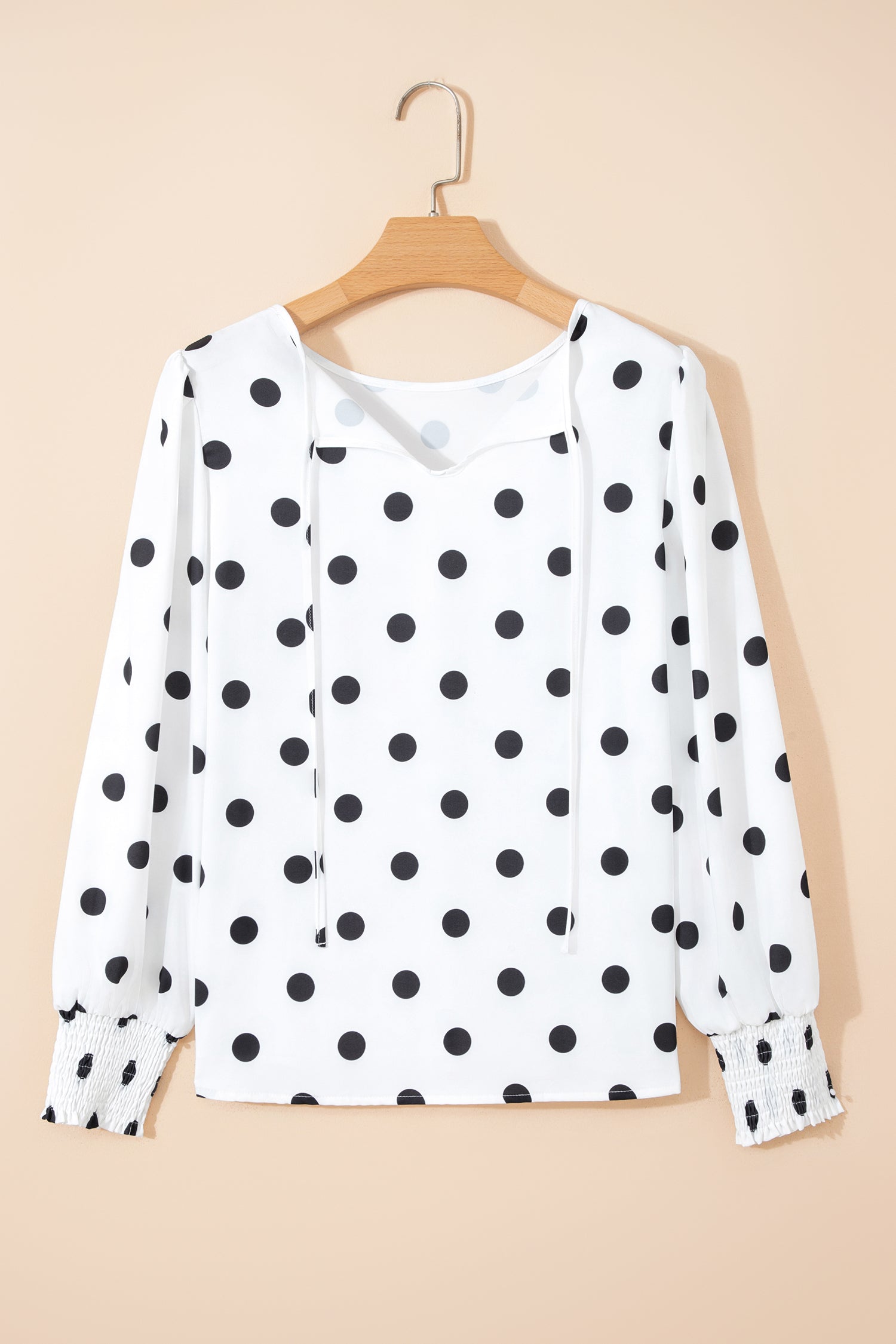 White Polka Dot Print Round Neck Frilled Long Sleeve Blouse-Tops/Blouses & Shirts-[Adult]-[Female]-2022 Online Blue Zone Planet