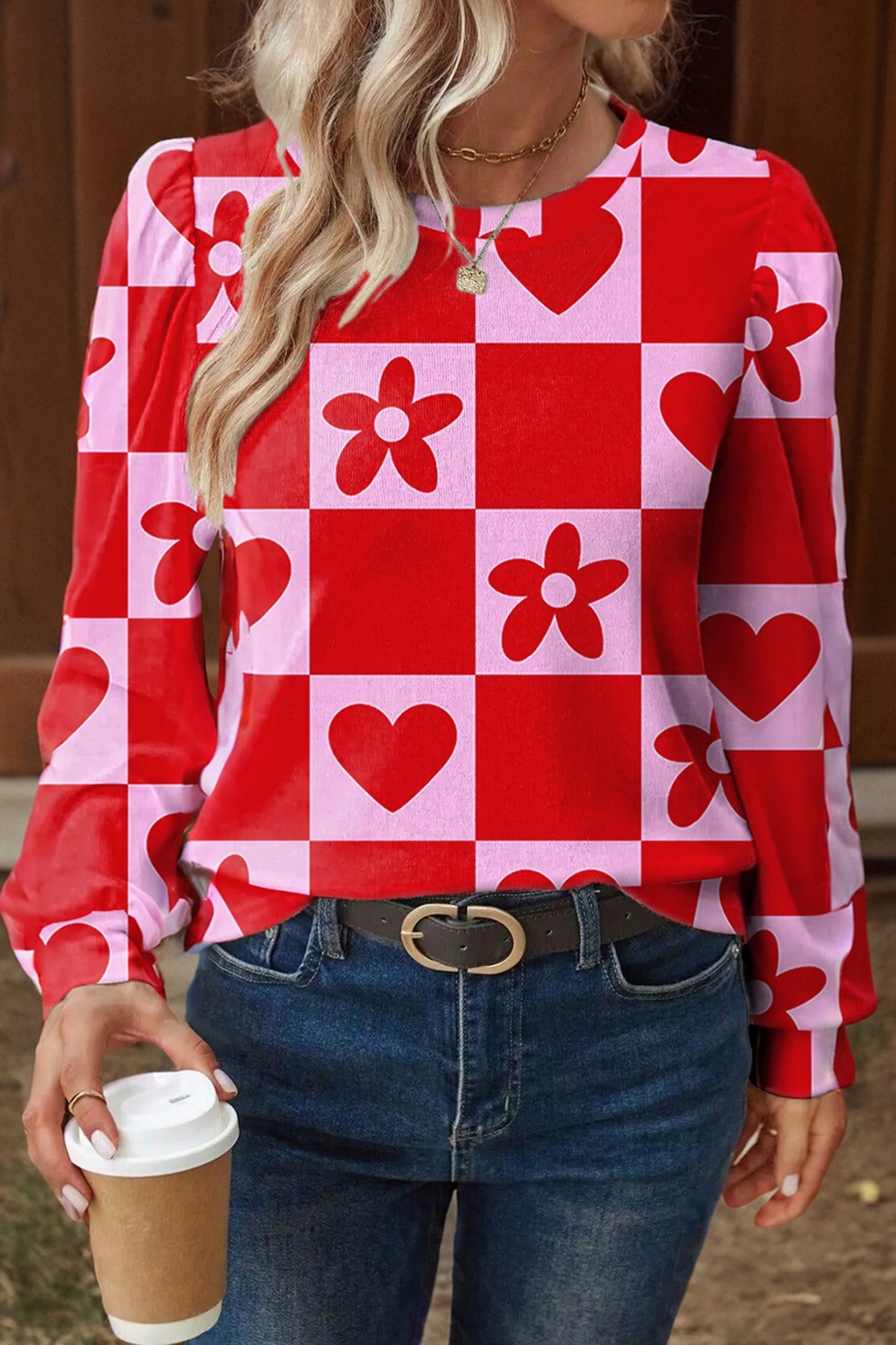 Beige Flower Heart Festive Valentine Blouse-Tops/Blouses & Shirts-[Adult]-[Female]-Red-S-2022 Online Blue Zone Planet