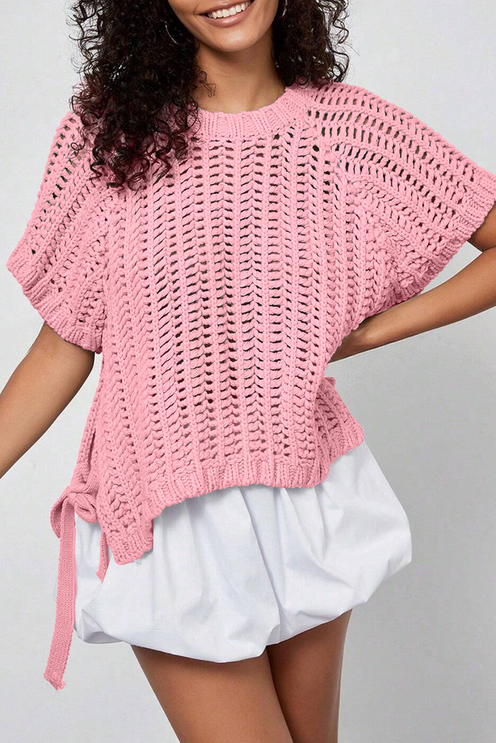 Pink Plus Size Open Knit Bow Tie Short Sleeve Sweater-Plus Size/Plus Size Tops/Plus Size Tops & Tees-[Adult]-[Female]-Pink-L-2022 Online Blue Zone Planet