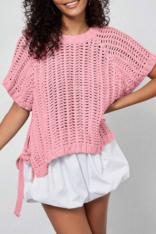 Pink Plus Size Open Knit Bow Tie Short Sleeve Sweater-Plus Size/Plus Size Tops/Plus Size Tops & Tees-[Adult]-[Female]-Pink-L-2022 Online Blue Zone Planet