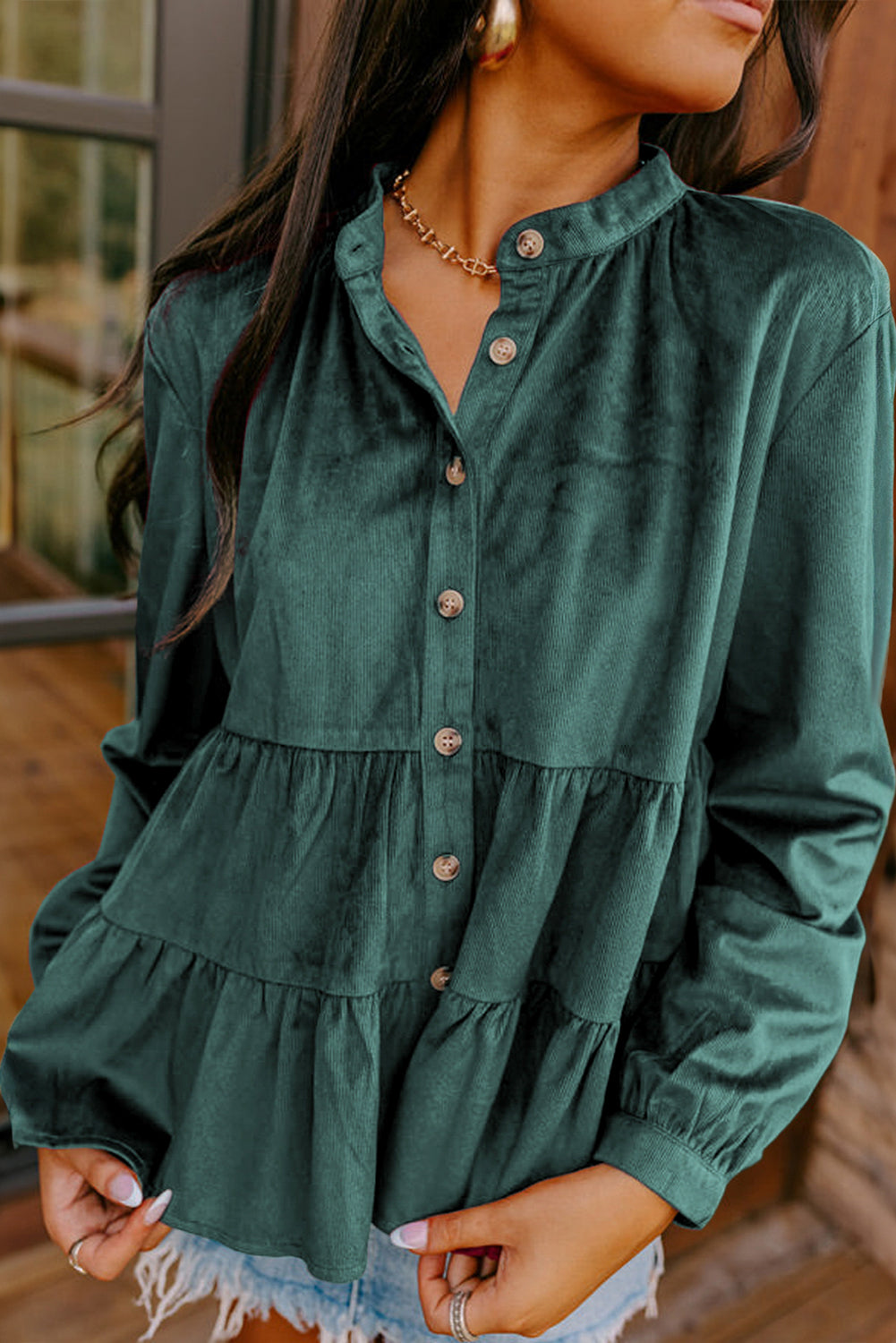 Skobeloff Corduroy Ruffle Tiered Buttoned O Neck Shirt-Tops/Blouses & Shirts-[Adult]-[Female]-Skobeloff-S-2022 Online Blue Zone Planet