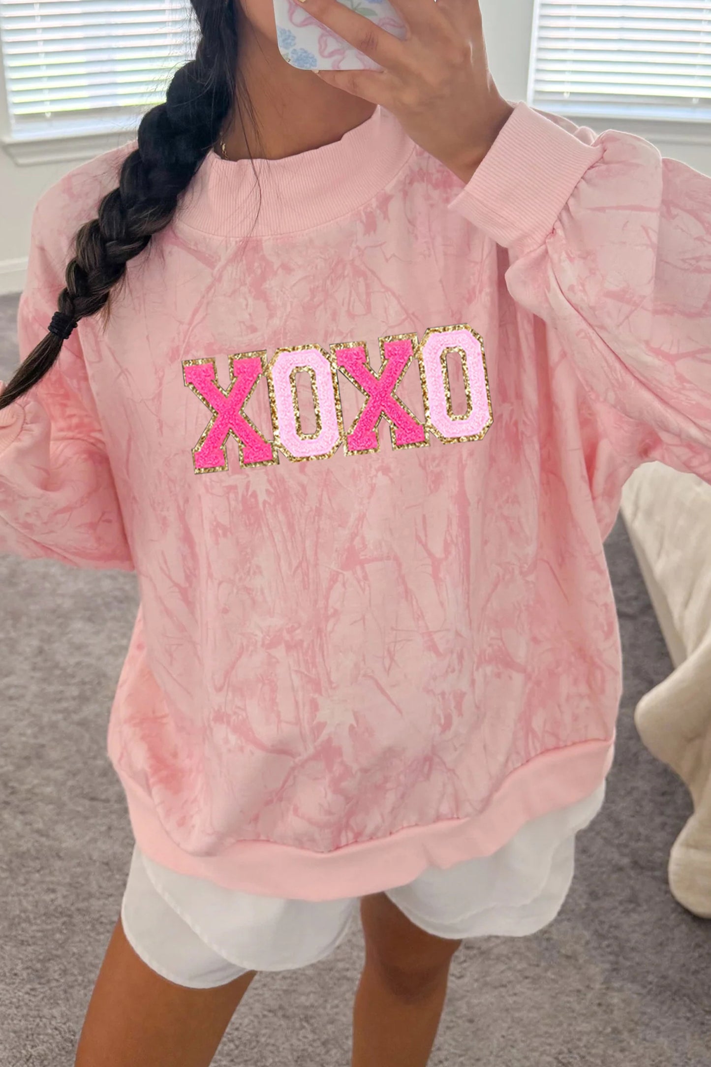 Pink XOXO Glitter Trim Chenille Patched Graphic Mock Neck Tie Dye Sweatshirt-Graphic Sweatshirts-[Adult]-[Female]-2022 Online Blue Zone Planet