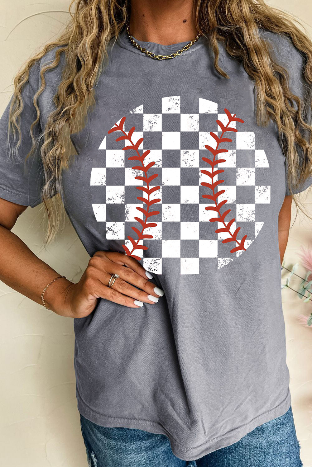 Gray Vintage Checkered Baseball Graphic Tee-Graphic/Graphic Tees-[Adult]-[Female]-Gray-S-2022 Online Blue Zone Planet