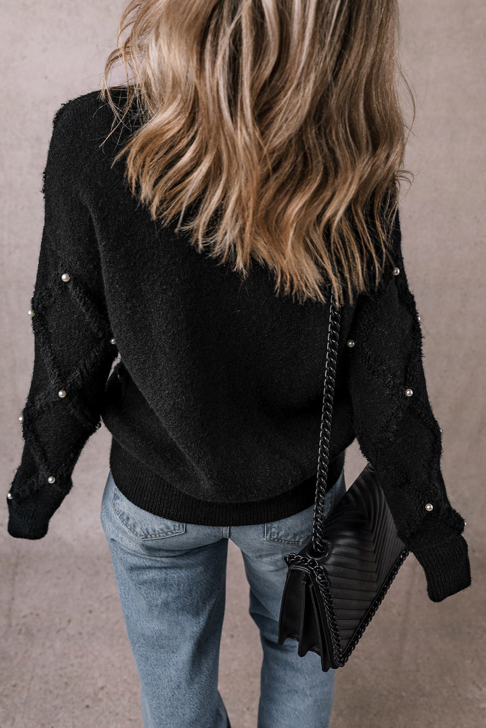 Black Pearl Embellished Rhombus Pattern Sweater-Sweaters & Cardigans/Sweaters-[Adult]-[Female]-2022 Online Blue Zone Planet