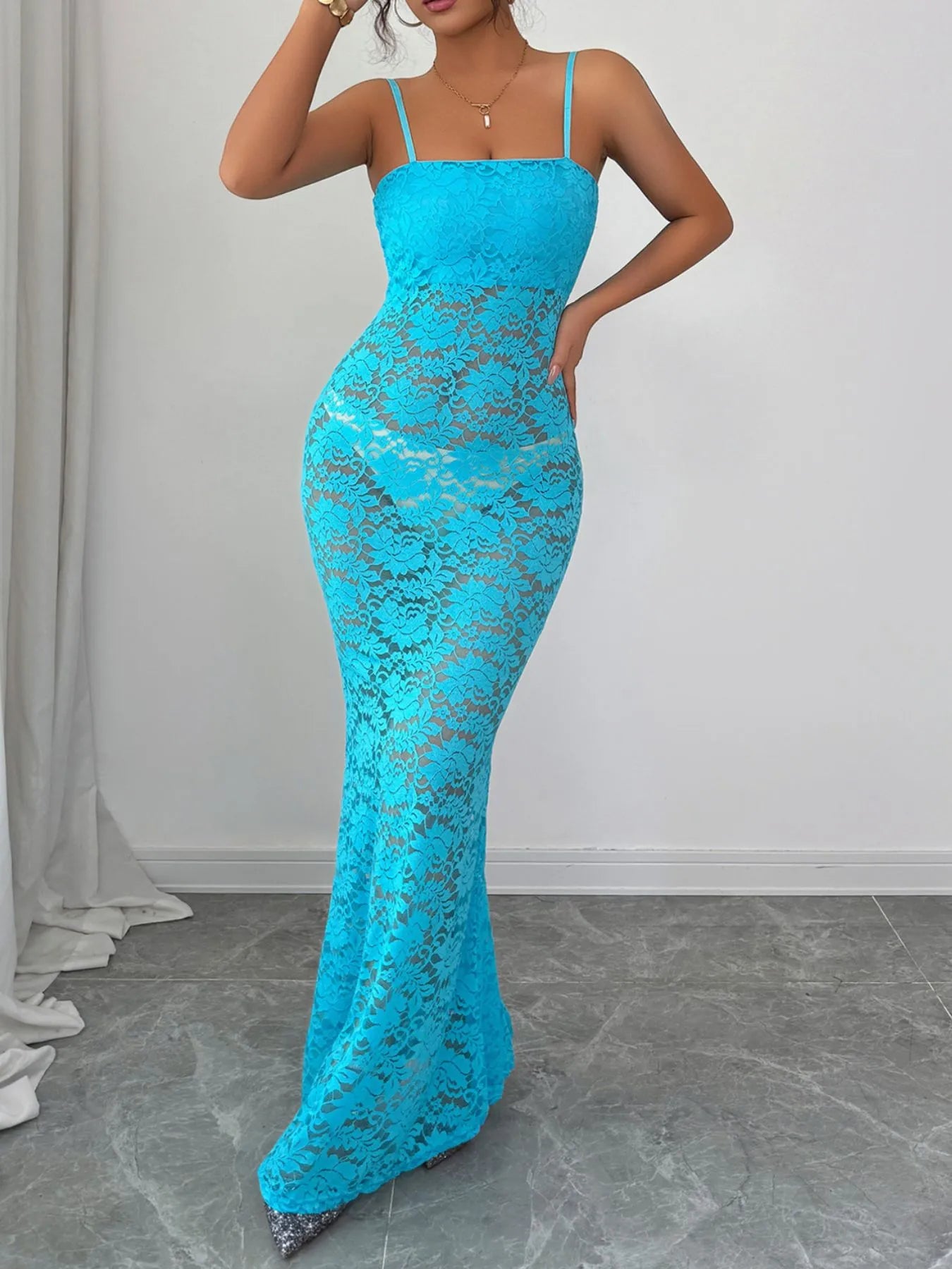 Lace Square Neck Maxi Cami Dress Peacock Blue / S by Blue Zone Planet
