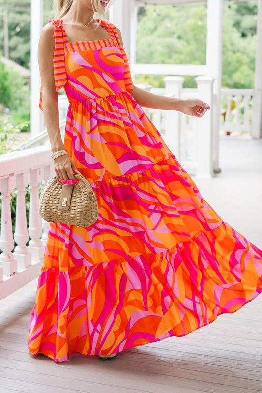 Red Abstract Print Knotted Shoulder High Waist Maxi Dress-TOPS / DRESSES-[Adult]-[Female]-Red-S-2022 Online Blue Zone Planet