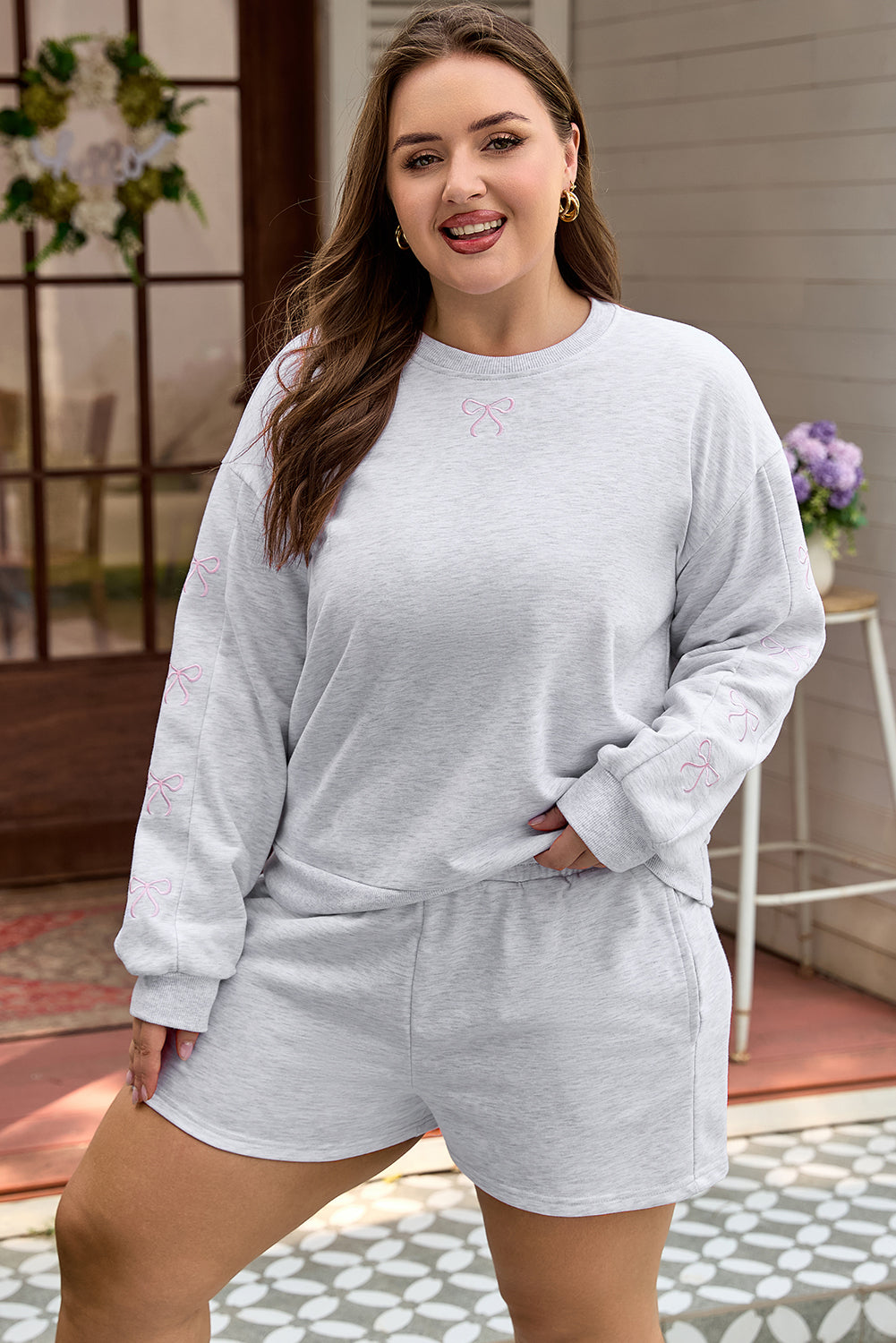 Light Grey Girly Bow Embroidered Puff Sleeve Pullover Loose Shorts Plus 2pcs Outfit-Plus Size/Plus Size Loungewear-[Adult]-[Female]-2022 Online Blue Zone Planet