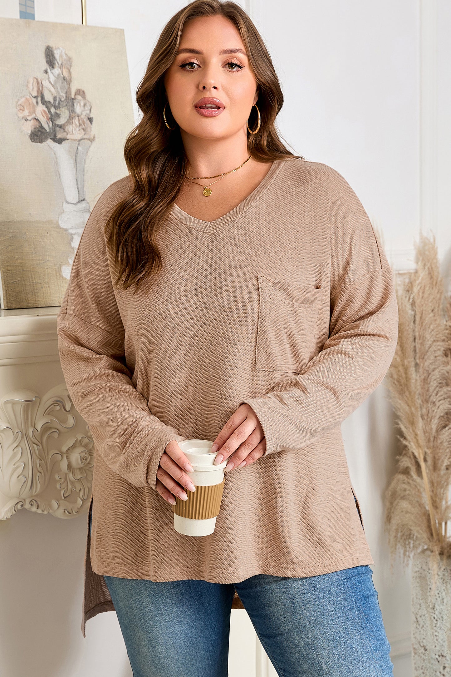 Parchment Plus Size Drop Shoulder Knit Tunic Top-Plus Size/Plus Size Tops/Plus Size Long Sleeve Tops-[Adult]-[Female]-2022 Online Blue Zone Planet