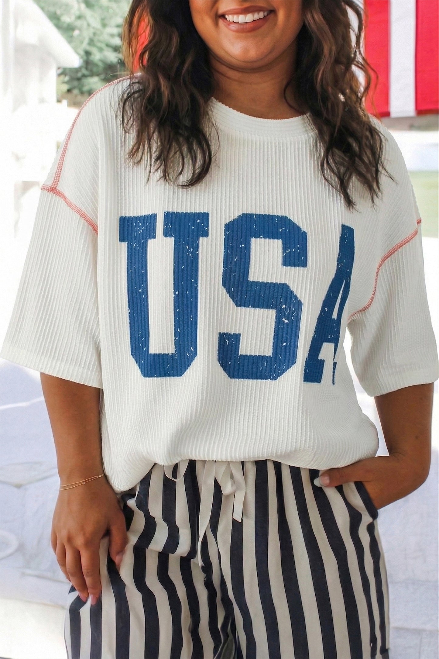 White Plus Size Twisted Rib Vintage USA Letter Printed T Shirt-Plus Size/Plus Size Tops/Plus Size Tops & Tees-[Adult]-[Female]-White-1X-2022 Online Blue Zone Planet