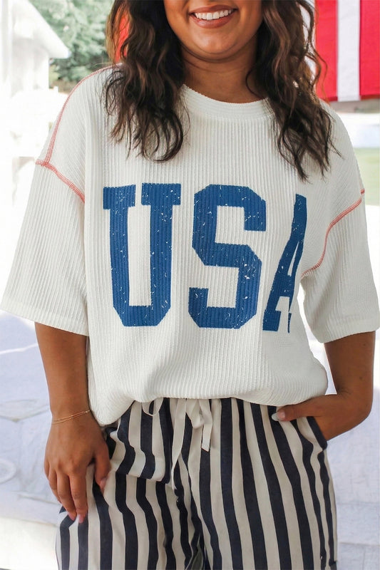 White Plus Size Twisted Rib Vintage USA Letter Printed T Shirt-Plus Size/Plus Size Tops/Plus Size Tops & Tees-[Adult]-[Female]-White-1X-2022 Online Blue Zone Planet