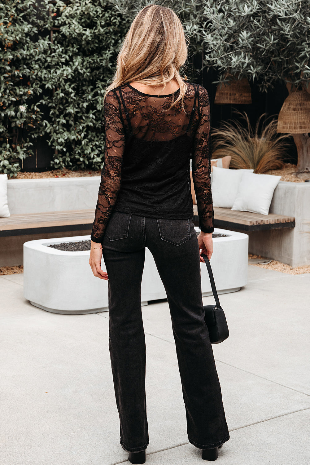 Black Lace Crochet Mesh Patched Slim Fit Long Sleeve Top-Tops/Long Sleeve Tops-[Adult]-[Female]-2022 Online Blue Zone Planet