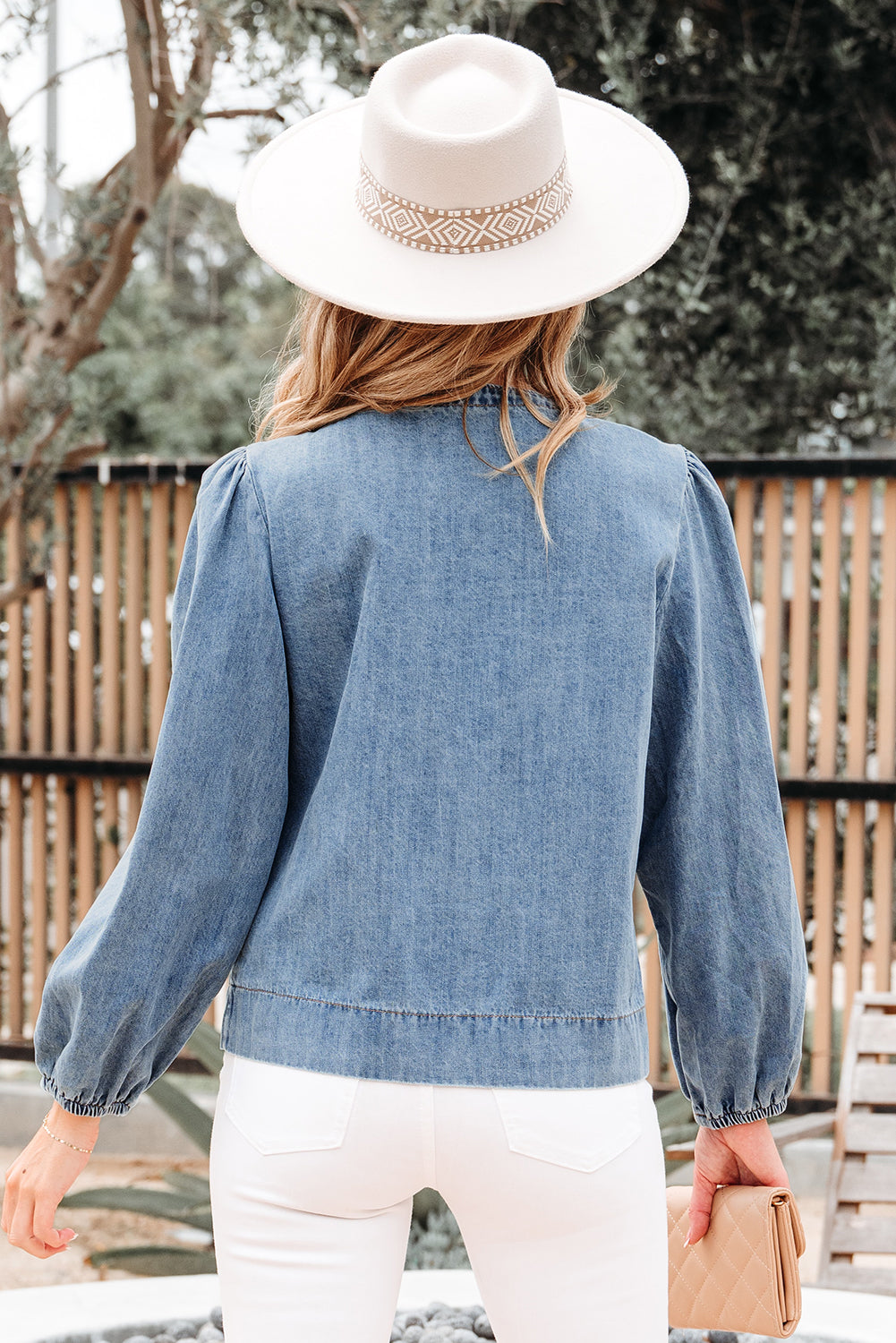 Dusk Blue Tied Front Long Puff Sleeve Denim Top-Tops/Blouses & Shirts-[Adult]-[Female]-2022 Online Blue Zone Planet