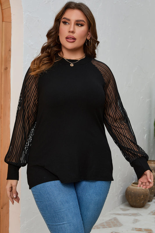 Plus Size Round Neck Long Sleeve Blouse-TOPS / DRESSES-[Adult]-[Female]-Black-1XL-2022 Online Blue Zone Planet