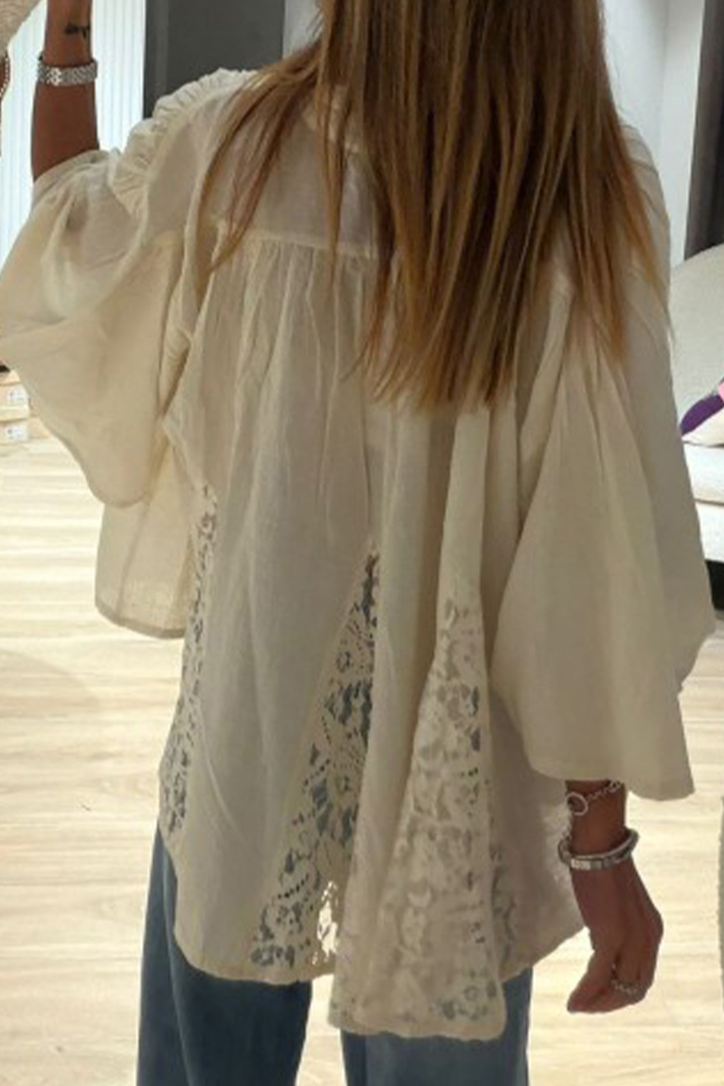 Oatmeal Sheer Lace Splicing Detail Bracelet Sleeve Loose Flowy Shirt