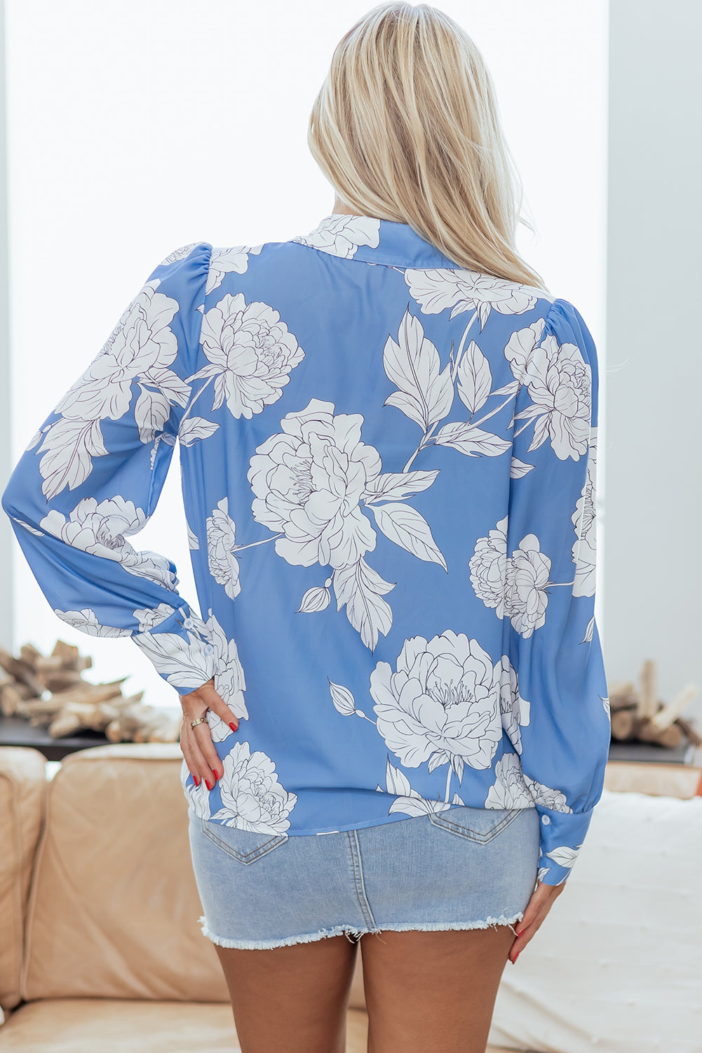Sky Blue Floral Print Button Up Pleated Detail Puff Sleeve Shirt-Tops/Blouses & Shirts-[Adult]-[Female]-2022 Online Blue Zone Planet
