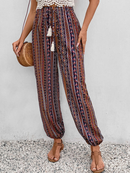 Tassel Printed High Waist Pants-BOTTOMS SIZES SMALL MEDIUM LARGE-[Adult]-[Female]-Brown-S-2022 Online Blue Zone Planet