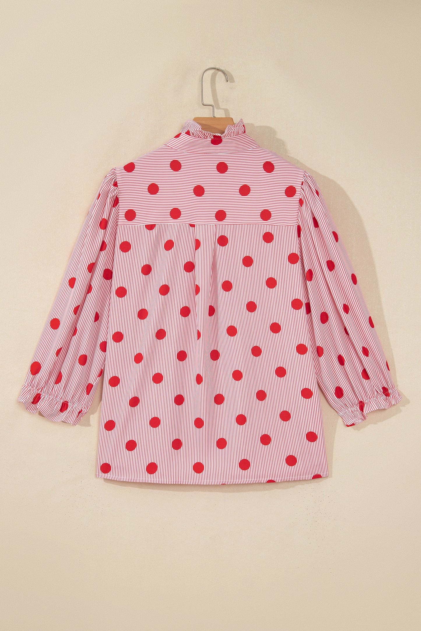 Fiery Red Polka Dot Striped Print Ruffle Stand Neck 3/4 Sleeve Shift Shirt-Tops/Blouses & Shirts-[Adult]-[Female]-2022 Online Blue Zone Planet