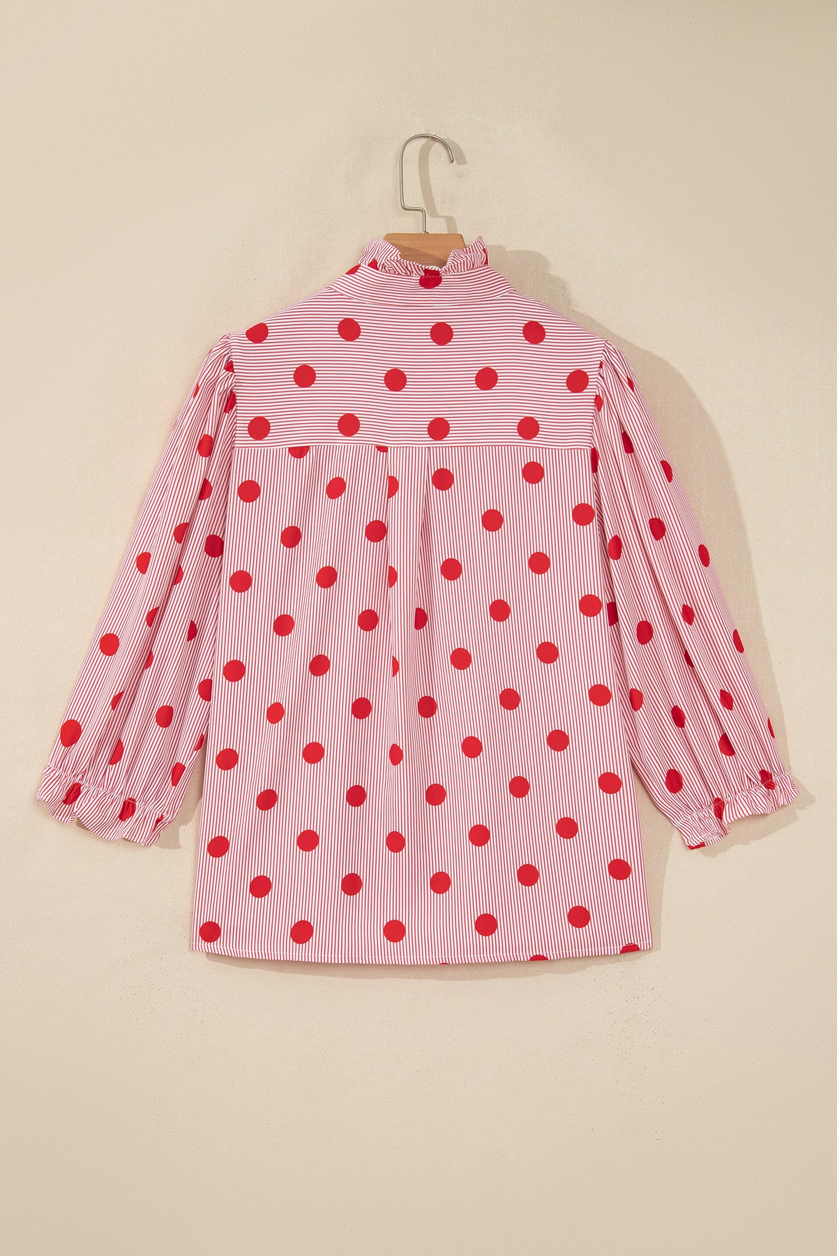 Fiery Red Polka Dot Striped Print Ruffle Stand Neck 3/4 Sleeve Shift Shirt-Tops/Blouses & Shirts-[Adult]-[Female]-2022 Online Blue Zone Planet