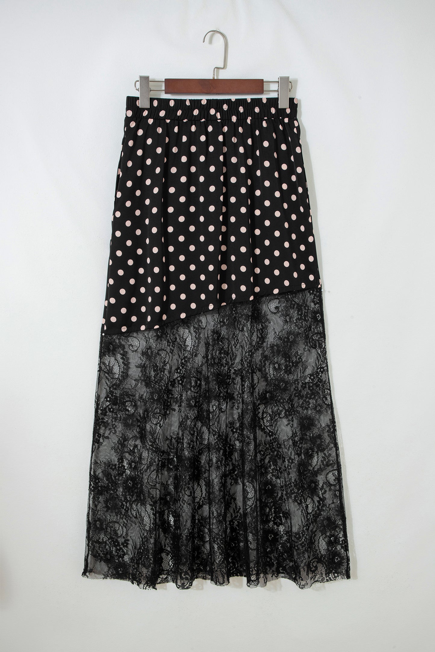 Black Asymmetric Polka Dot Print Sheer Lace Patchwork Maxi Skirt-Bottoms/Skirts & Petticoat-[Adult]-[Female]-2022 Online Blue Zone Planet