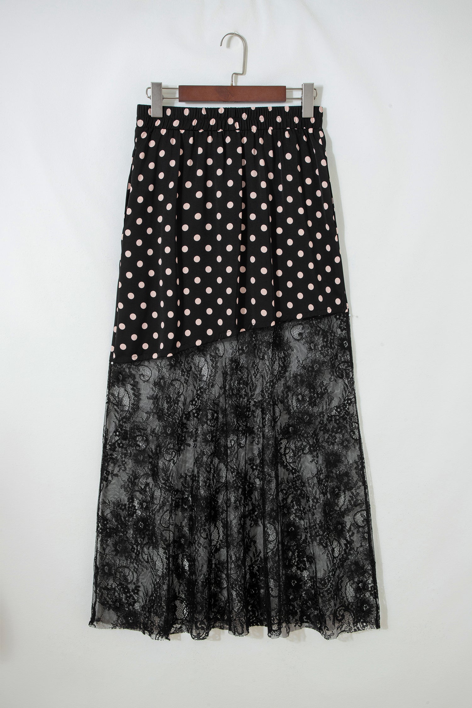 Black Asymmetric Polka Dot Print Sheer Lace Patchwork Maxi Skirt-Bottoms/Skirts & Petticoat-[Adult]-[Female]-2022 Online Blue Zone Planet