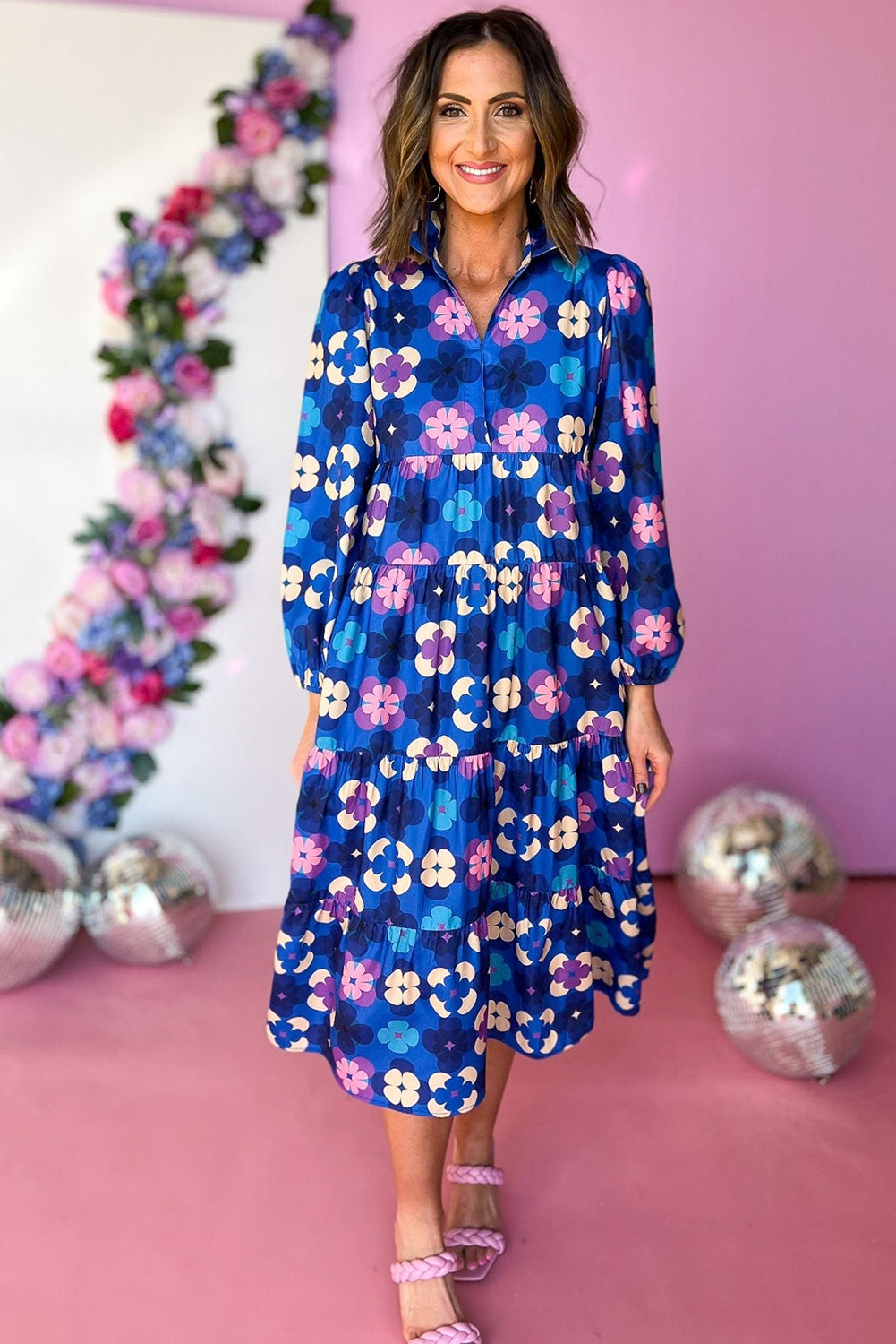 Blue Floral Peasant Sleeve Tiered Ruffle Midi Dress-Dresses/Midi Dresses-[Adult]-[Female]-2022 Online Blue Zone Planet