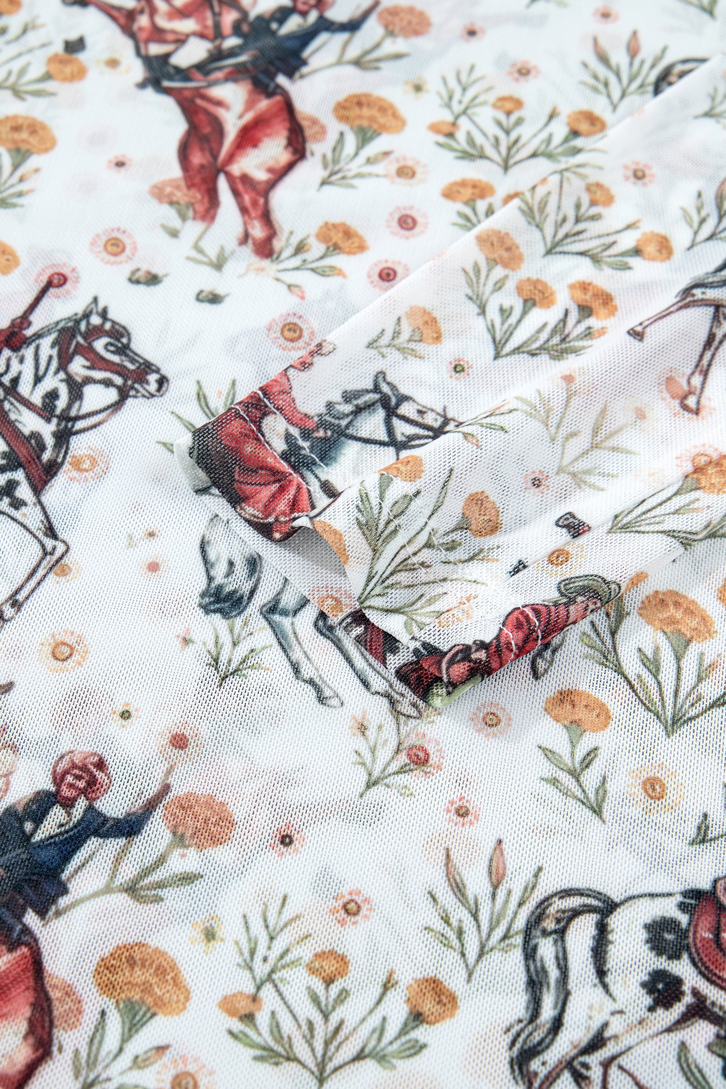 Beige Western Cowboy Floral Print Sheer Mesh Long Sleeve Top