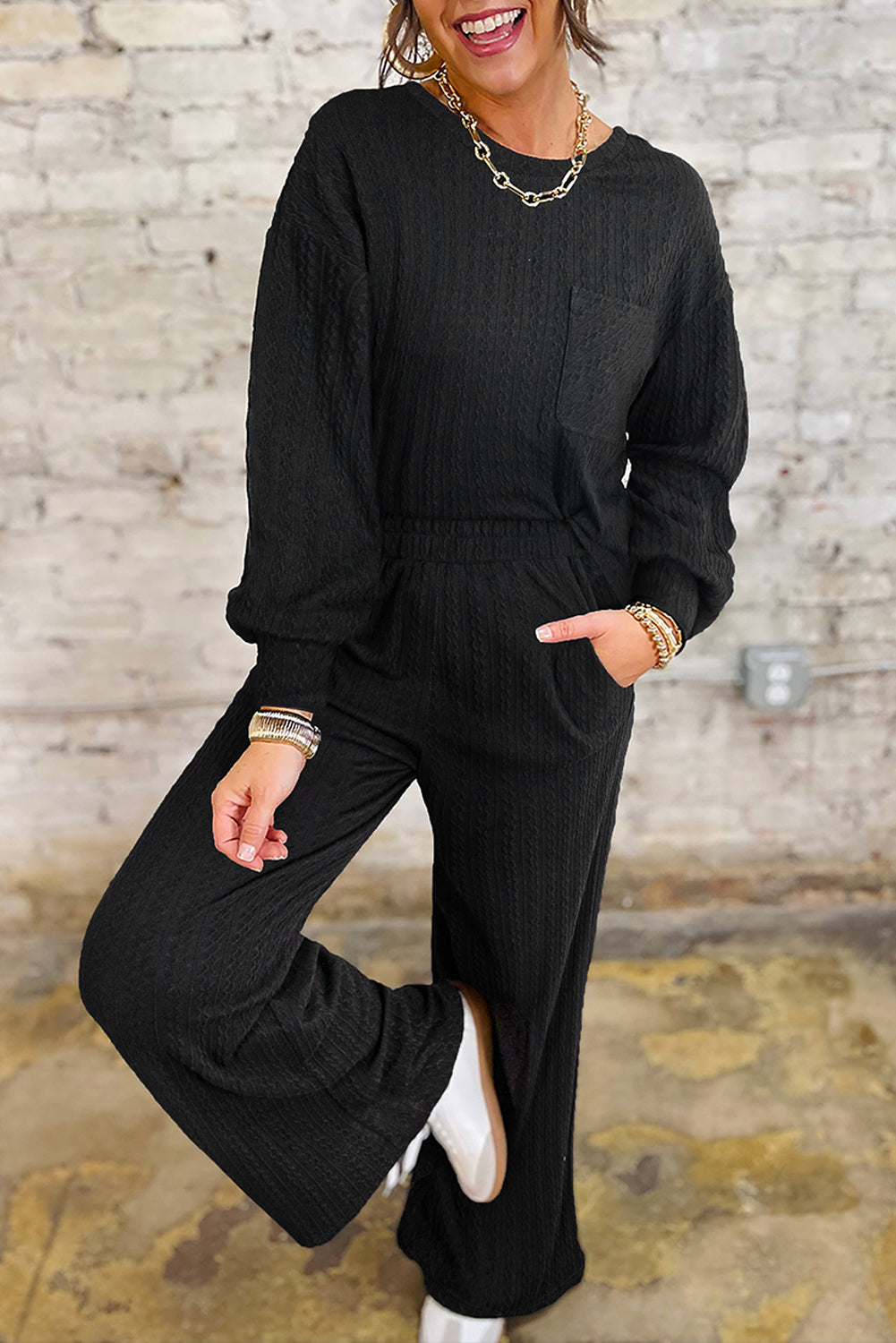 Black Textured Chest Pocket Long Sleeve Top 2Pcs Pants Set-Two Piece Sets/Pant Sets-[Adult]-[Female]-Black-S-2022 Online Blue Zone Planet