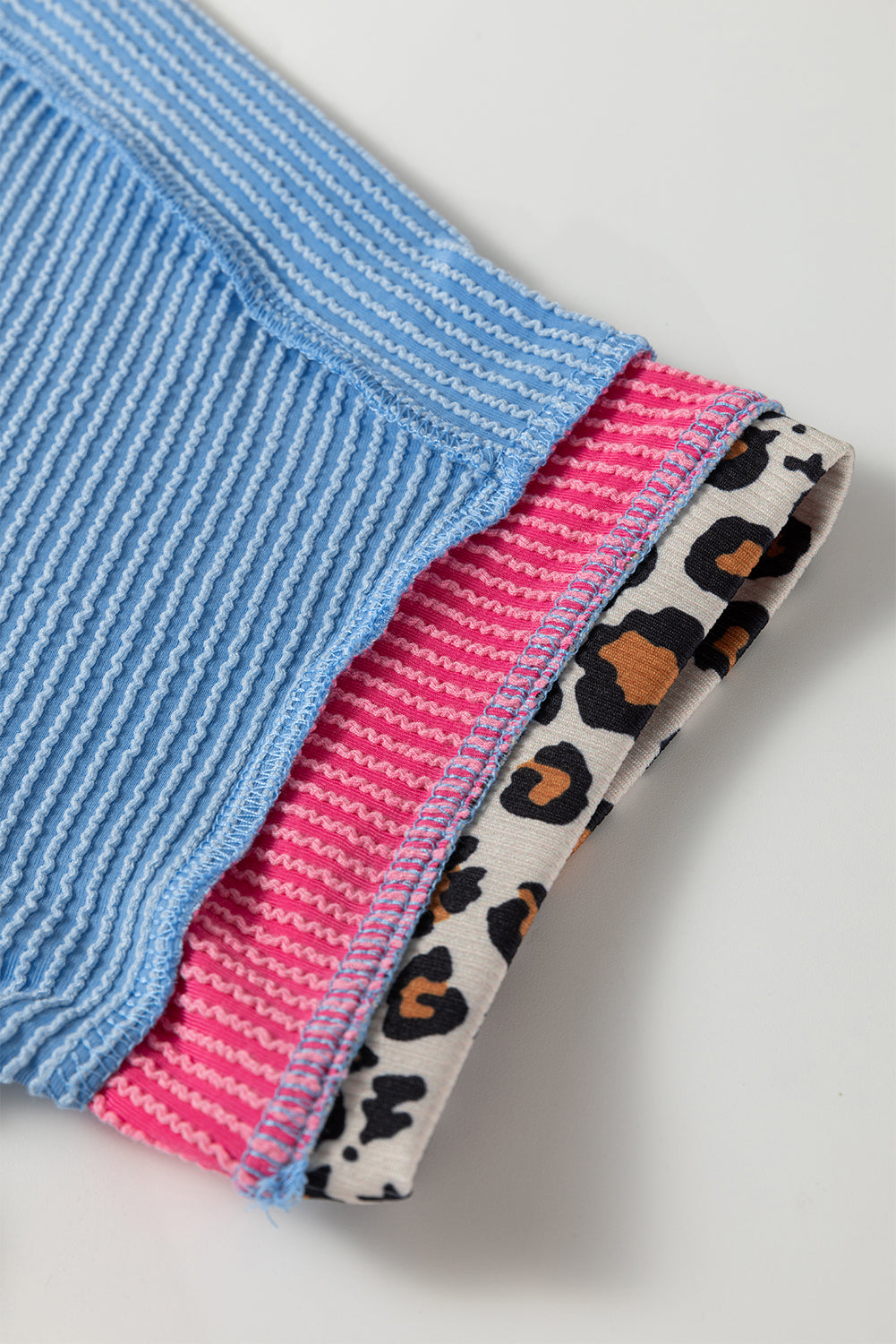 Sky Blue Leopard Patchwork Corded Knit Crew Neck T Shirt-Tops/Tops & Tees-[Adult]-[Female]-2022 Online Blue Zone Planet