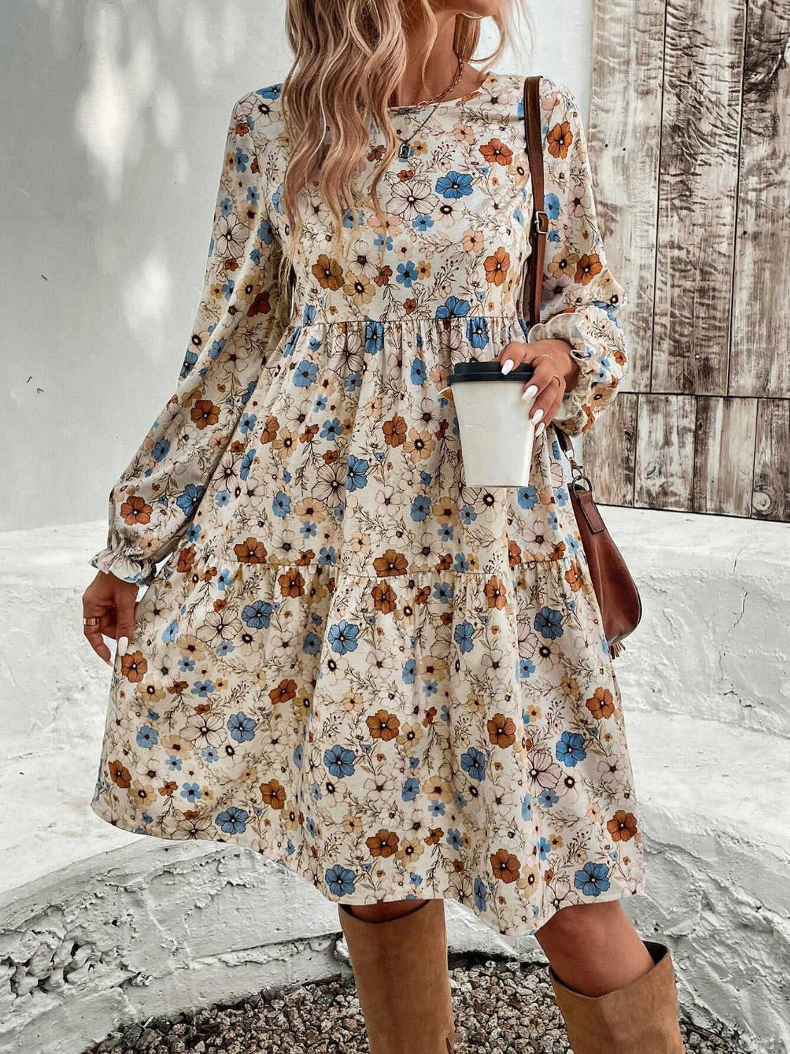 Tiered Floral Round Neck Long Sleeve Dress-TOPS / DRESSES-[Adult]-[Female]-Tan-S-2022 Online Blue Zone Planet