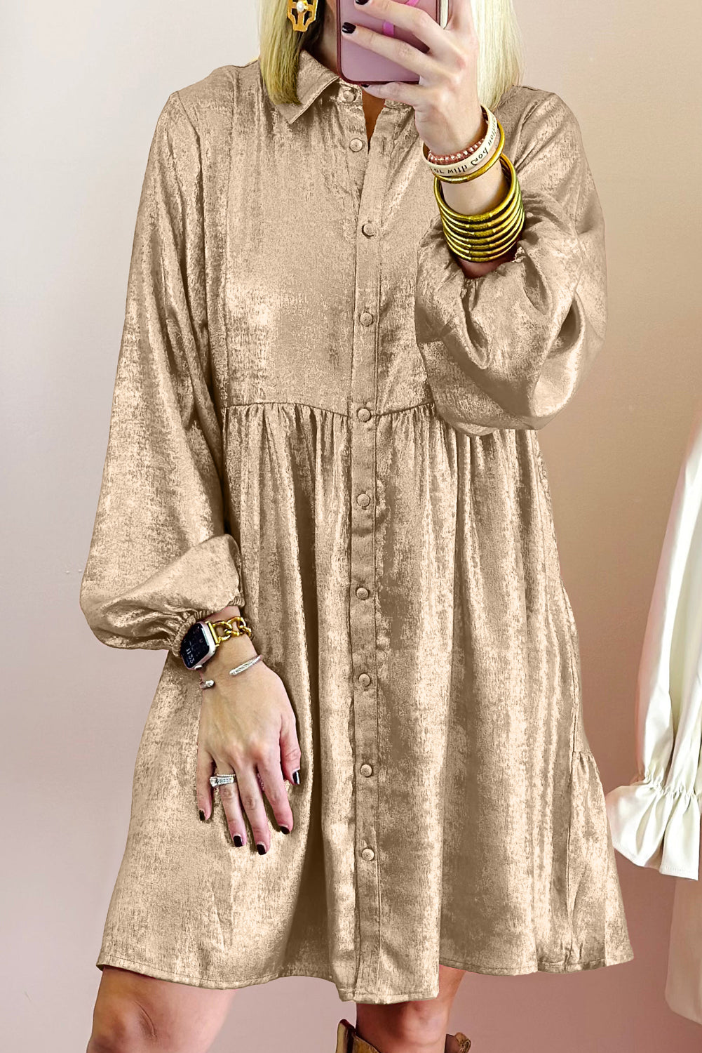 Apricot Metallic Sheen Puff Sleeve Button Up Mini Shirt Dress-Dresses/Mini Dresses-[Adult]-[Female]-Apricot-S-2022 Online Blue Zone Planet