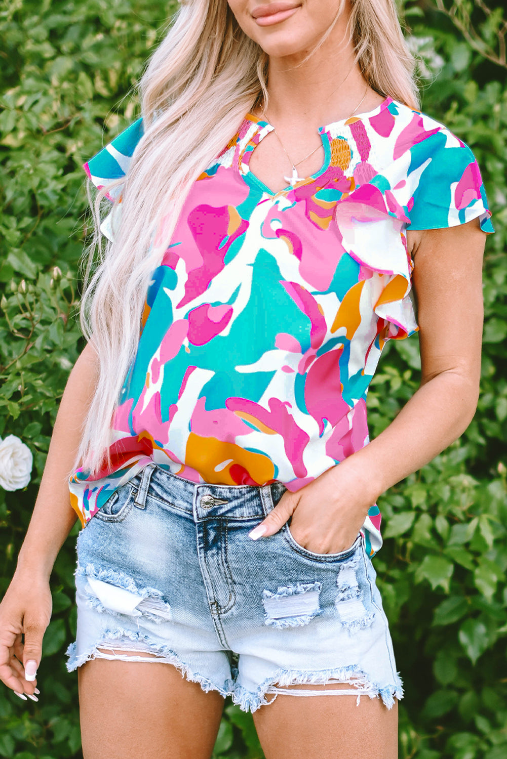 Multicolour Abstract Print Notched Neck Flutter Sleeve Blouse-Tops/Blouses & Shirts-[Adult]-[Female]-2022 Online Blue Zone Planet