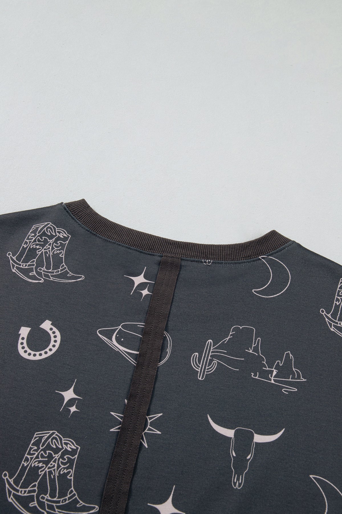 Gray Western Print Crew Neck Sweatshirt-Tops/Sweatshirts & Hoodies-[Adult]-[Female]-2022 Online Blue Zone Planet