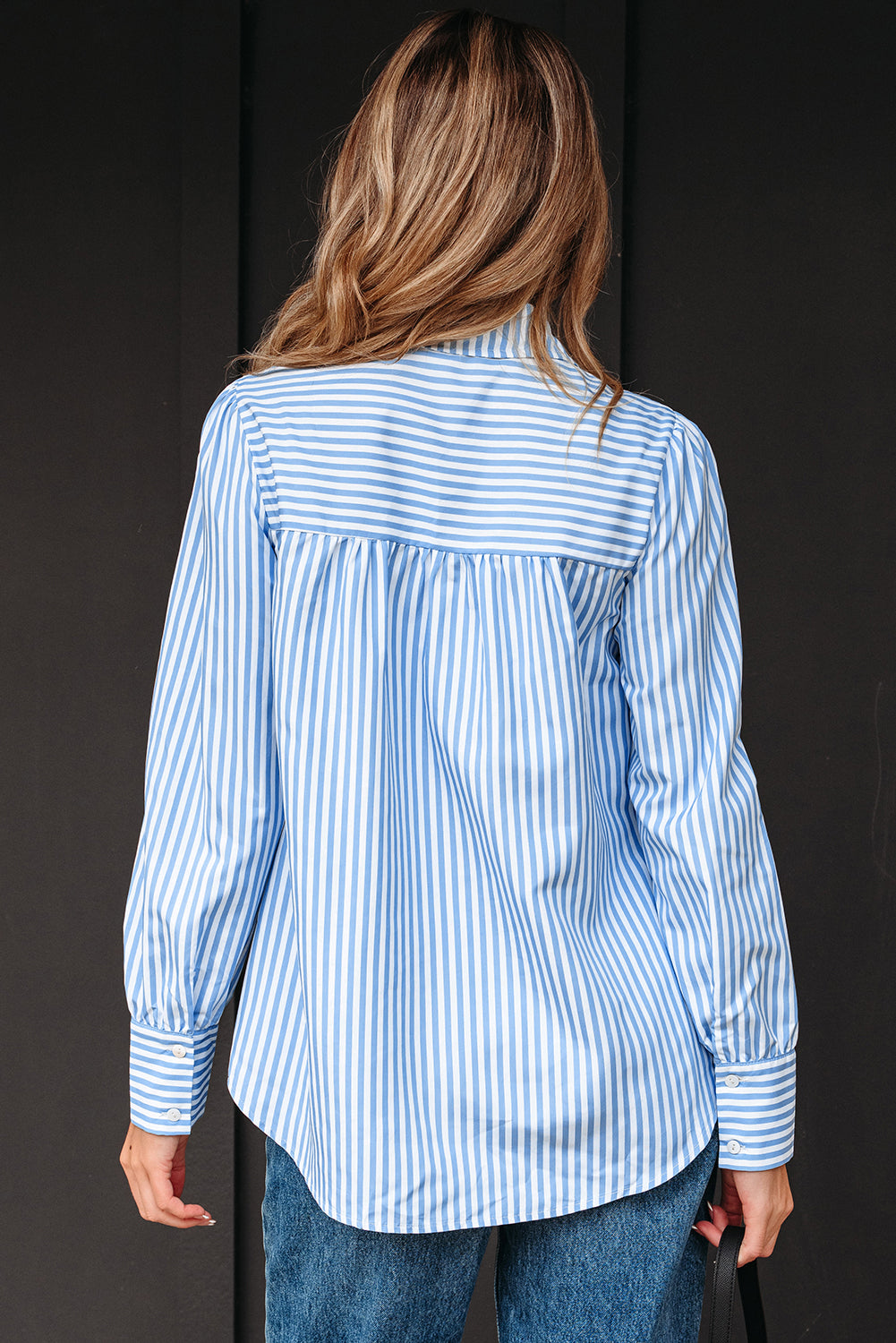 Sky Blue Stripe Shirred Detail Half Placket Collared Long Sleeve Fall Shirt-Tops/Blouses & Shirts-[Adult]-[Female]-2022 Online Blue Zone Planet