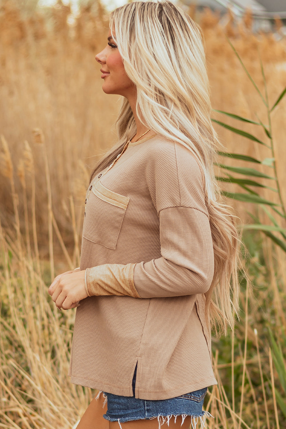 Dark Khaki Color Block Waffle Textured Tunic Henley Top With Slits-Tops/Long Sleeve Tops-[Adult]-[Female]-2022 Online Blue Zone Planet