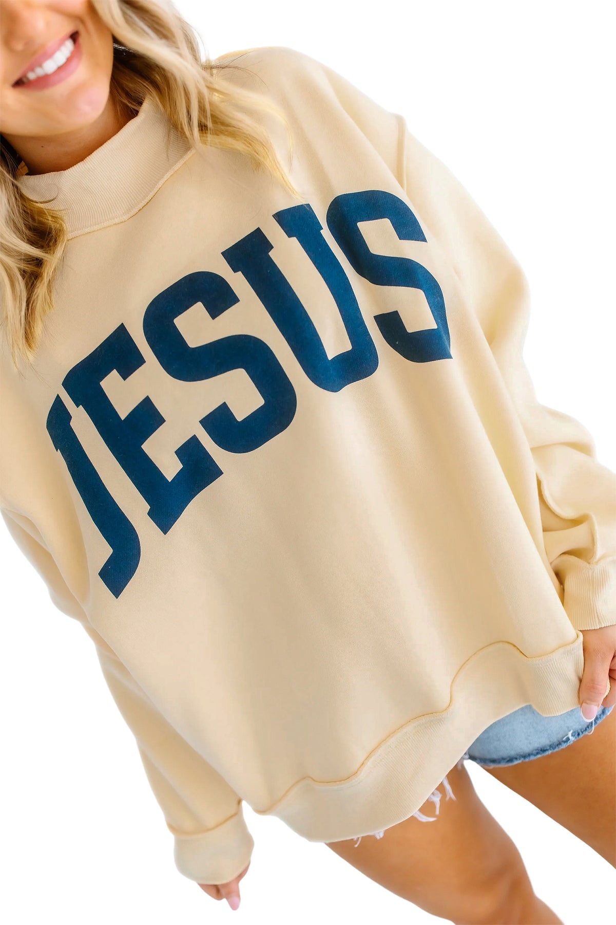 Yellow Jesus Slogan Stand Neck Long Sleeve Oversized Tunic Plus Size Sweatshirt