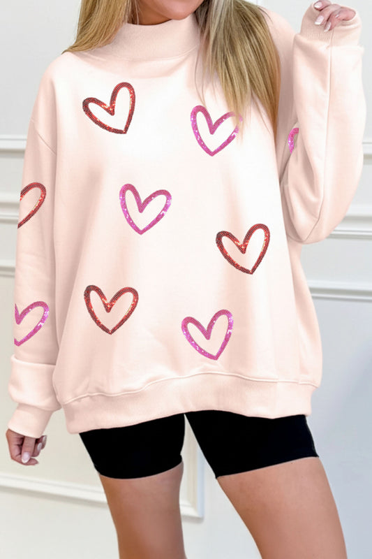 Apricot Pink Sequin Heart Sketch Patched Mock Neck Sweatshirt-Graphic Sweatshirts-[Adult]-[Female]-Apricot Pink-L-2022 Online Blue Zone Planet