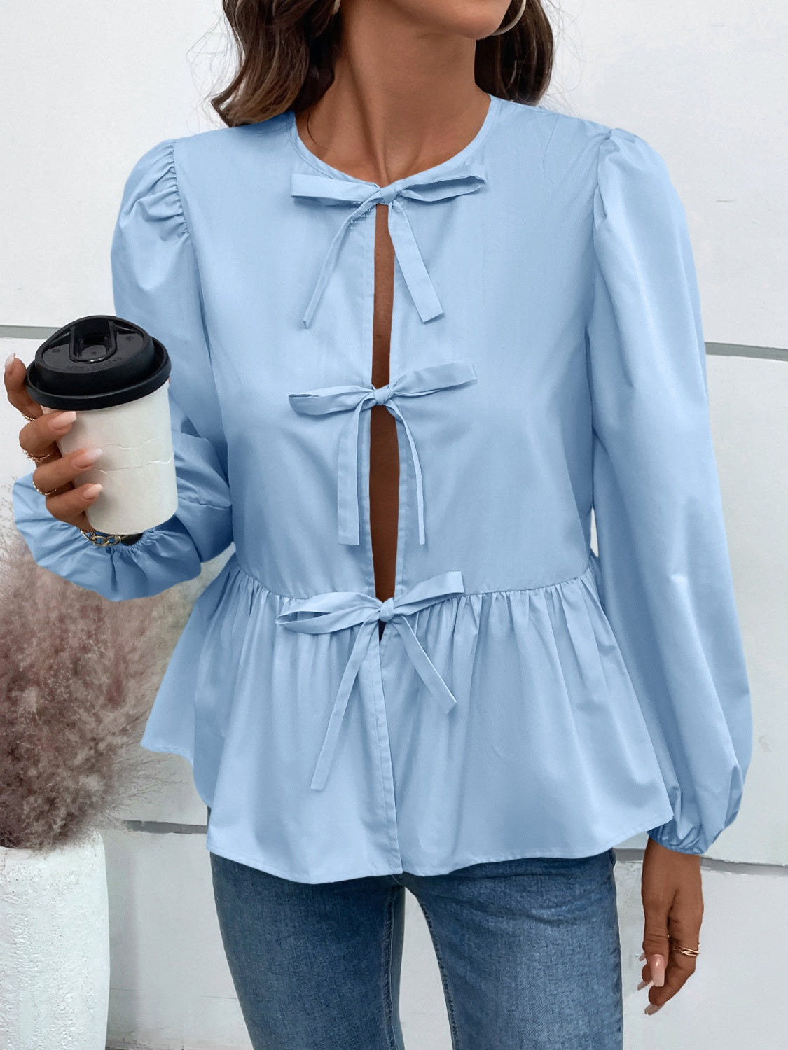 Blue Zone Planet | Ivy Lane Peplum Tied Long Sleeve Blouse-TOPS / DRESSES-[Adult]-[Female]-2022 Online Blue Zone Planet