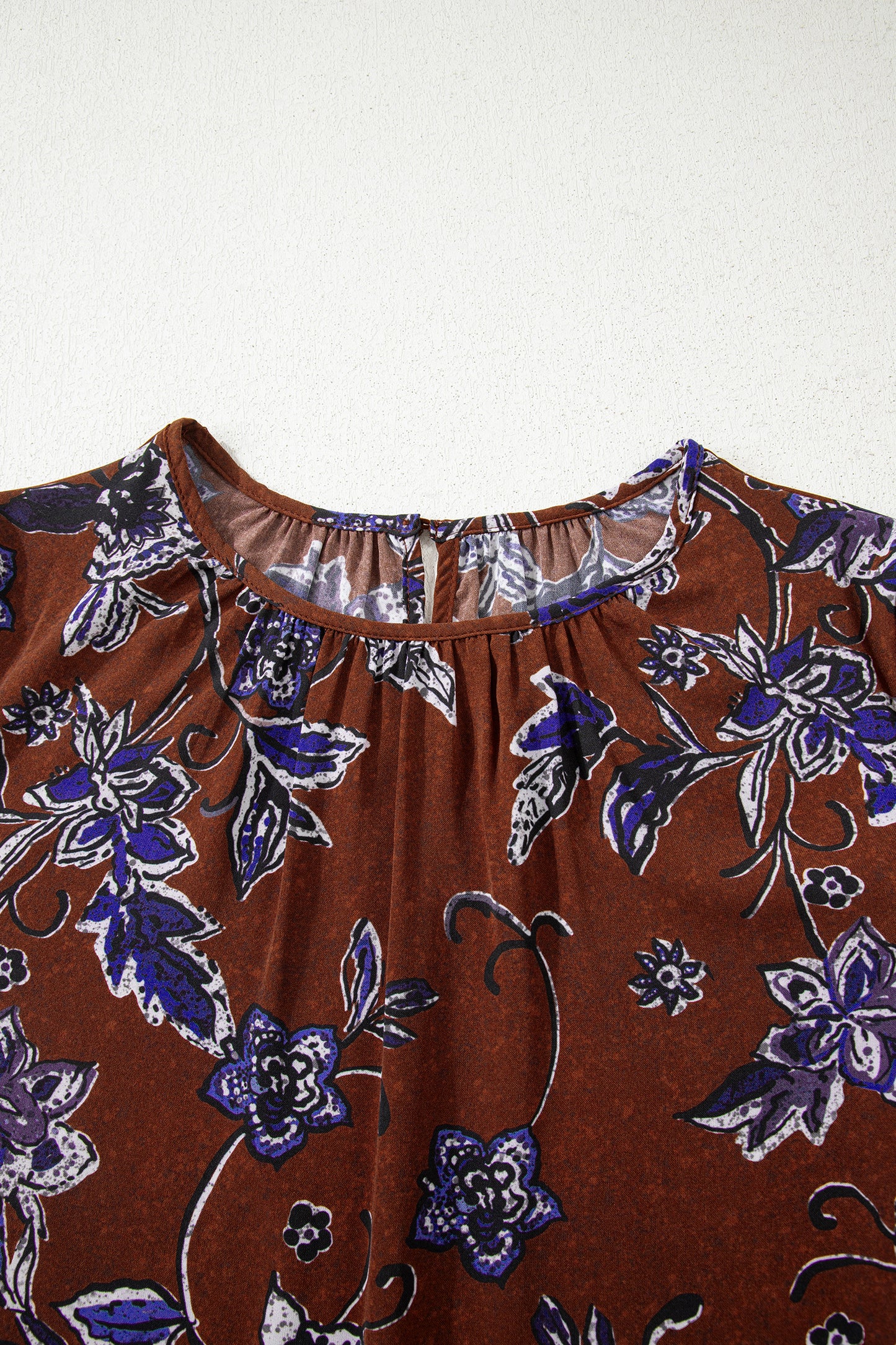 Brown Autumn Floral Print Smocked Cuffs Shift Blouse-Tops/Blouses & Shirts-[Adult]-[Female]-2022 Online Blue Zone Planet