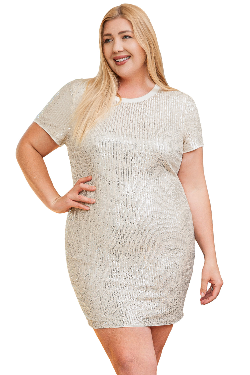 Light Pink Plus Size Sequin Short Sleeve T-shirt Dress-TOPS / DRESSES-[Adult]-[Female]-2022 Online Blue Zone Planet