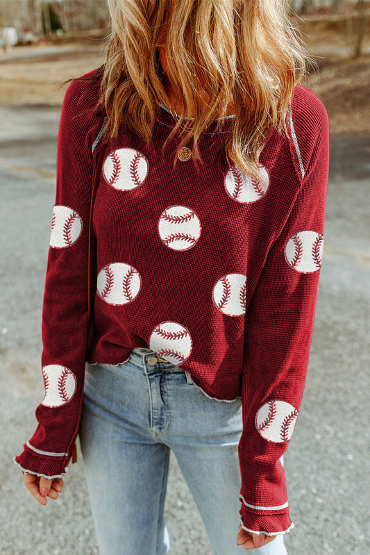 Red Baseball Patched Patterned Game Day Waffle Raglan Top-Graphic/Graphic Long Sleeve Tees-[Adult]-[Female]-Red-S-2022 Online Blue Zone Planet