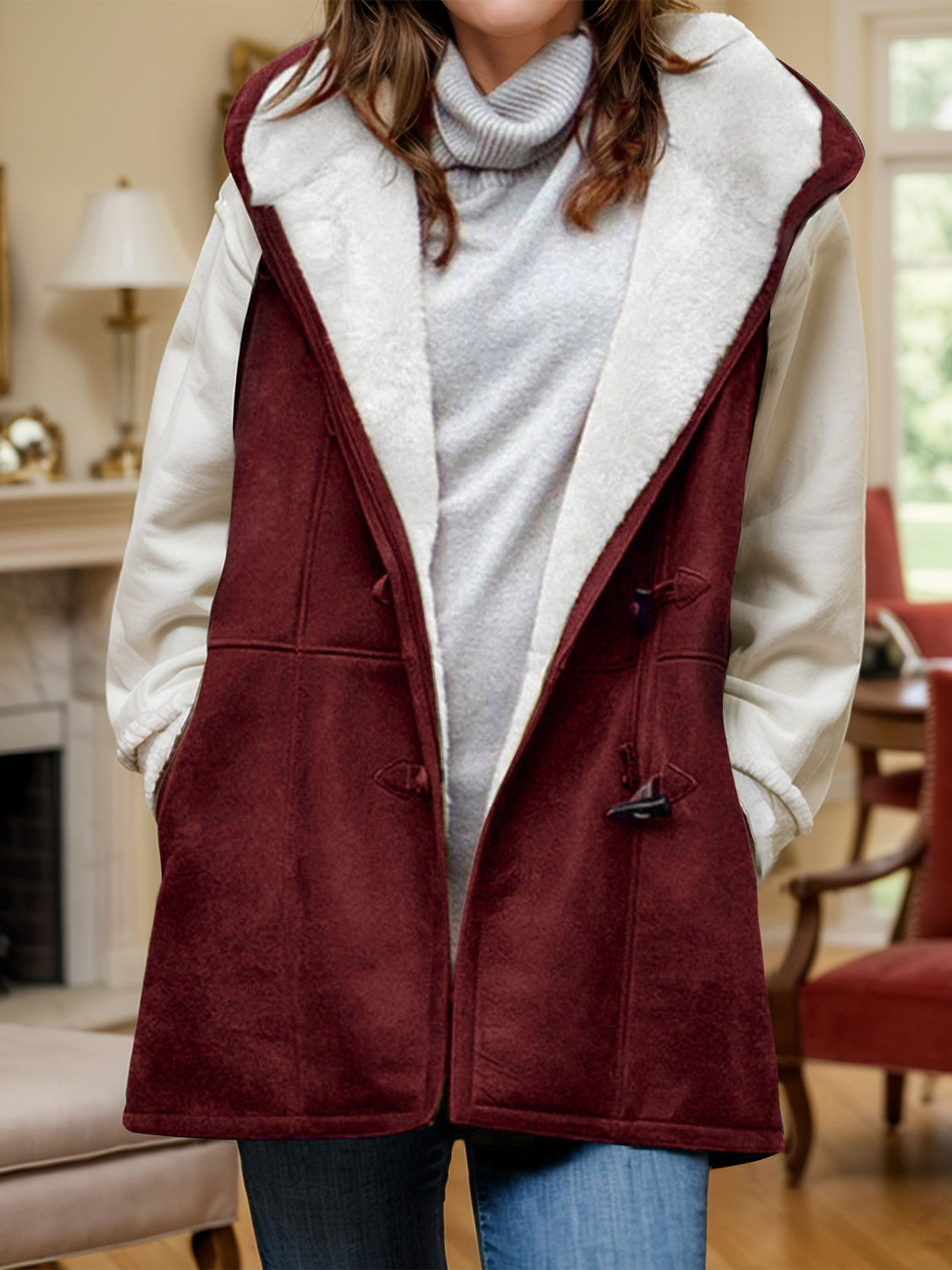 Fuzzy Hooded Vest Coat with Pockets-TOPS / DRESSES-[Adult]-[Female]-Burgundy-S-2022 Online Blue Zone Planet