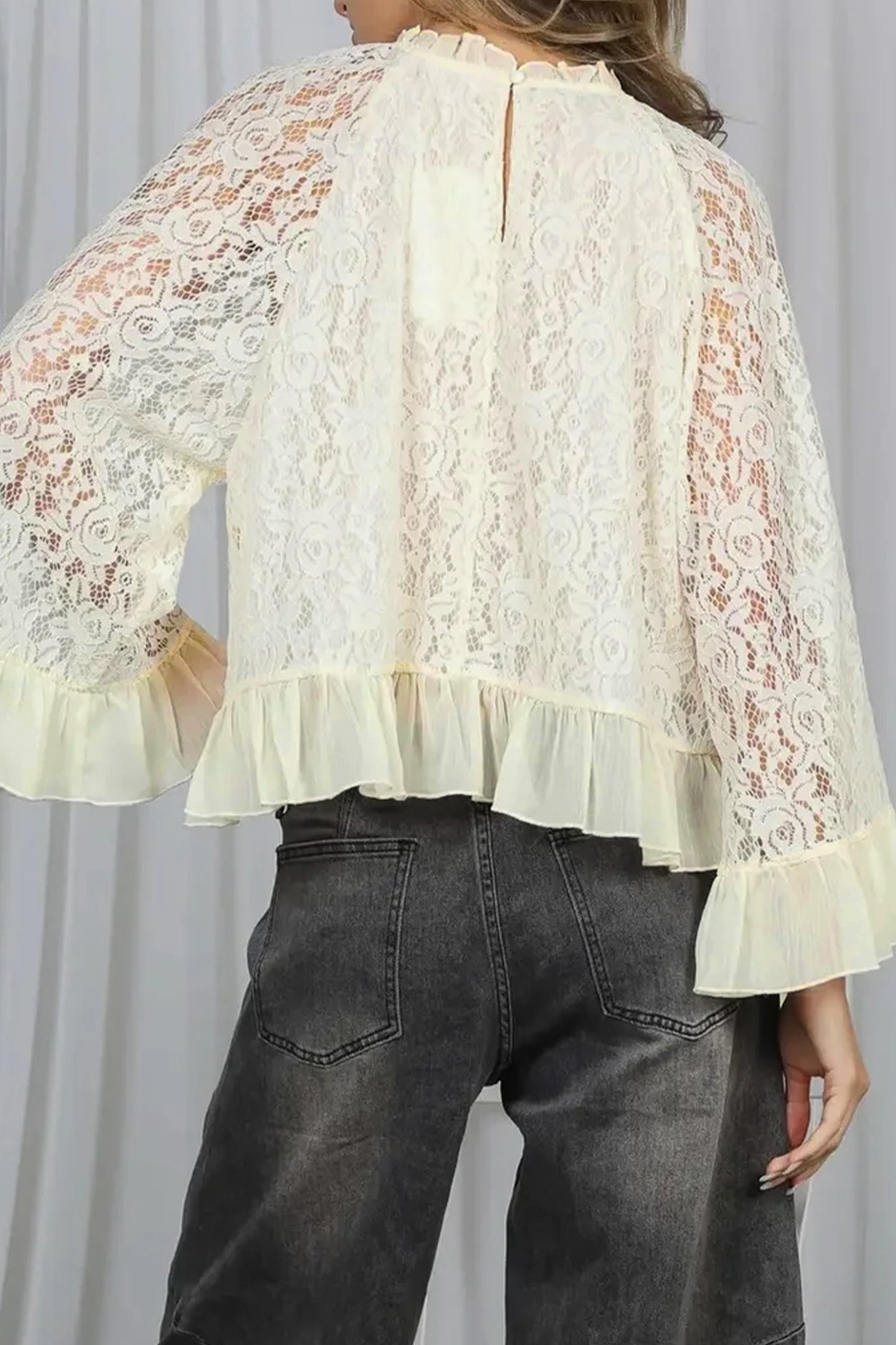 White Sheer Lace Long Sleeve Ruffle Trim Loose Blouse-Tops/Blouses & Shirts-[Adult]-[Female]-2022 Online Blue Zone Planet